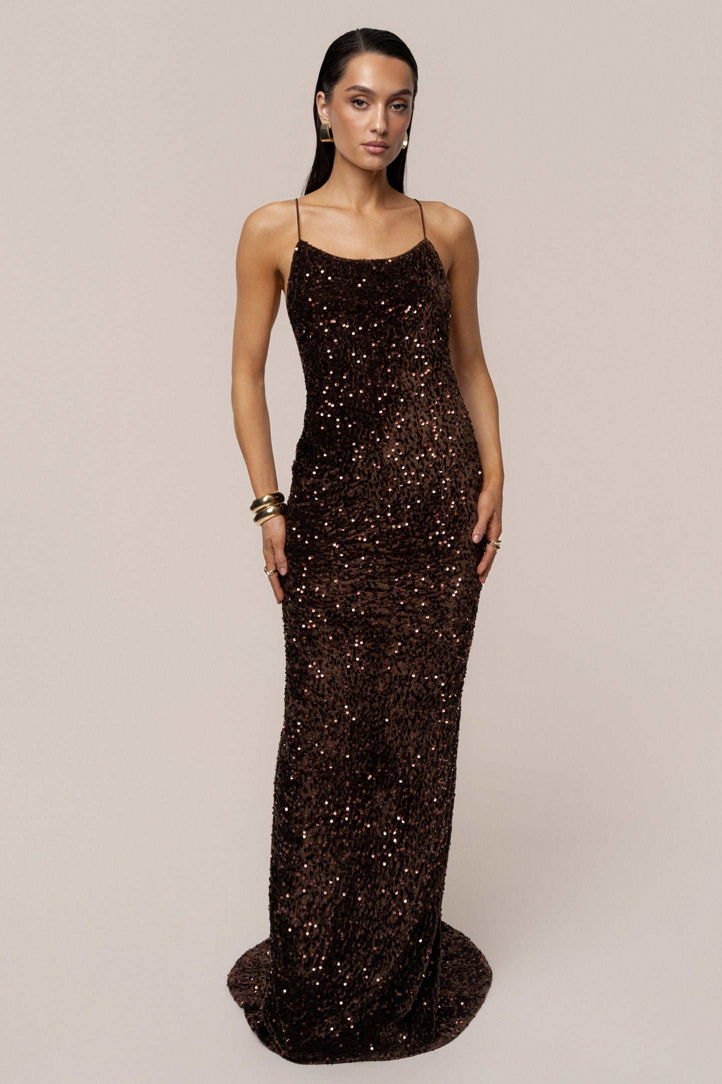 Brown Glisten All Night Sequin Gown JLUXLABEL