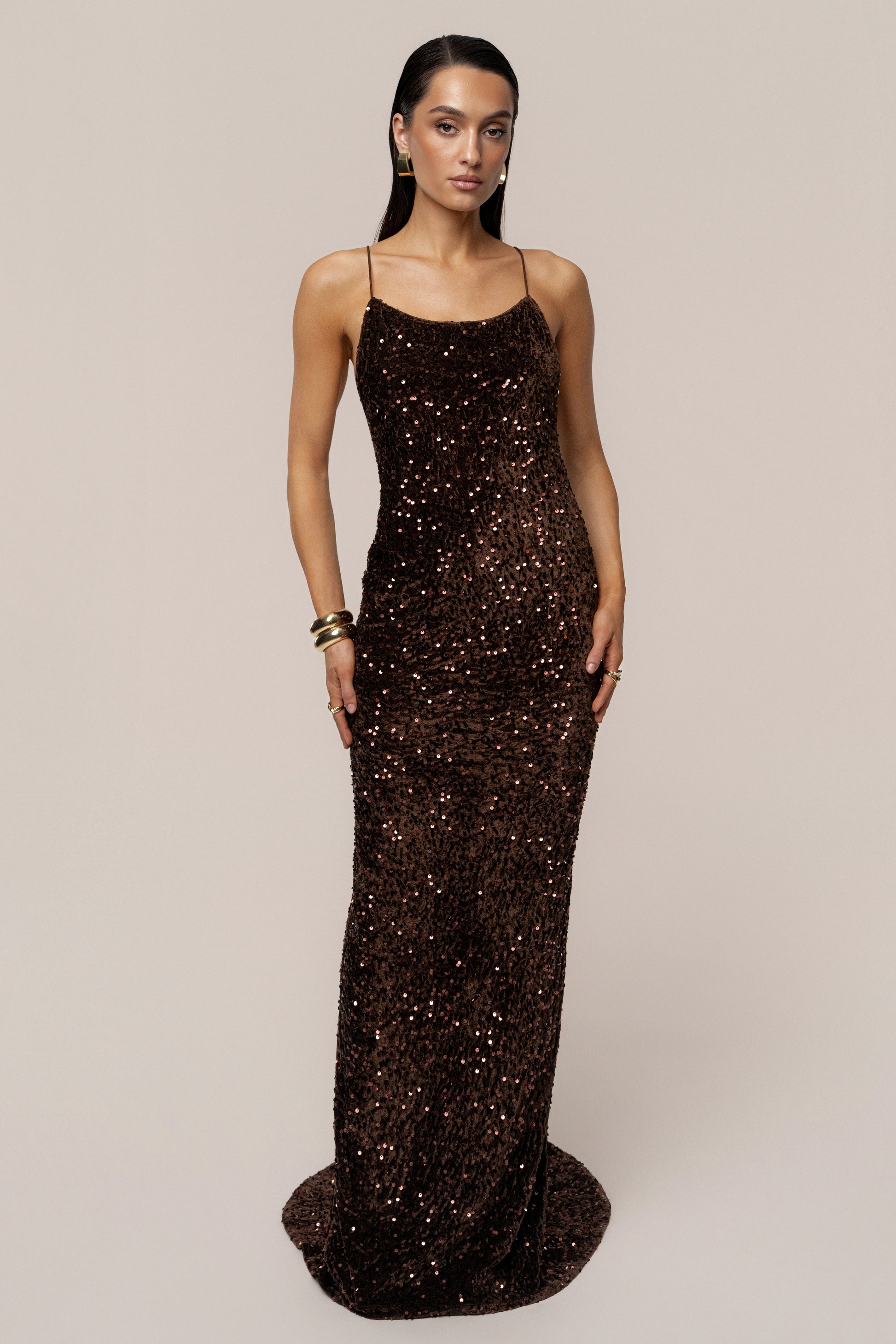 Brown Glisten All Night Sequin Gown JLUXLABEL
