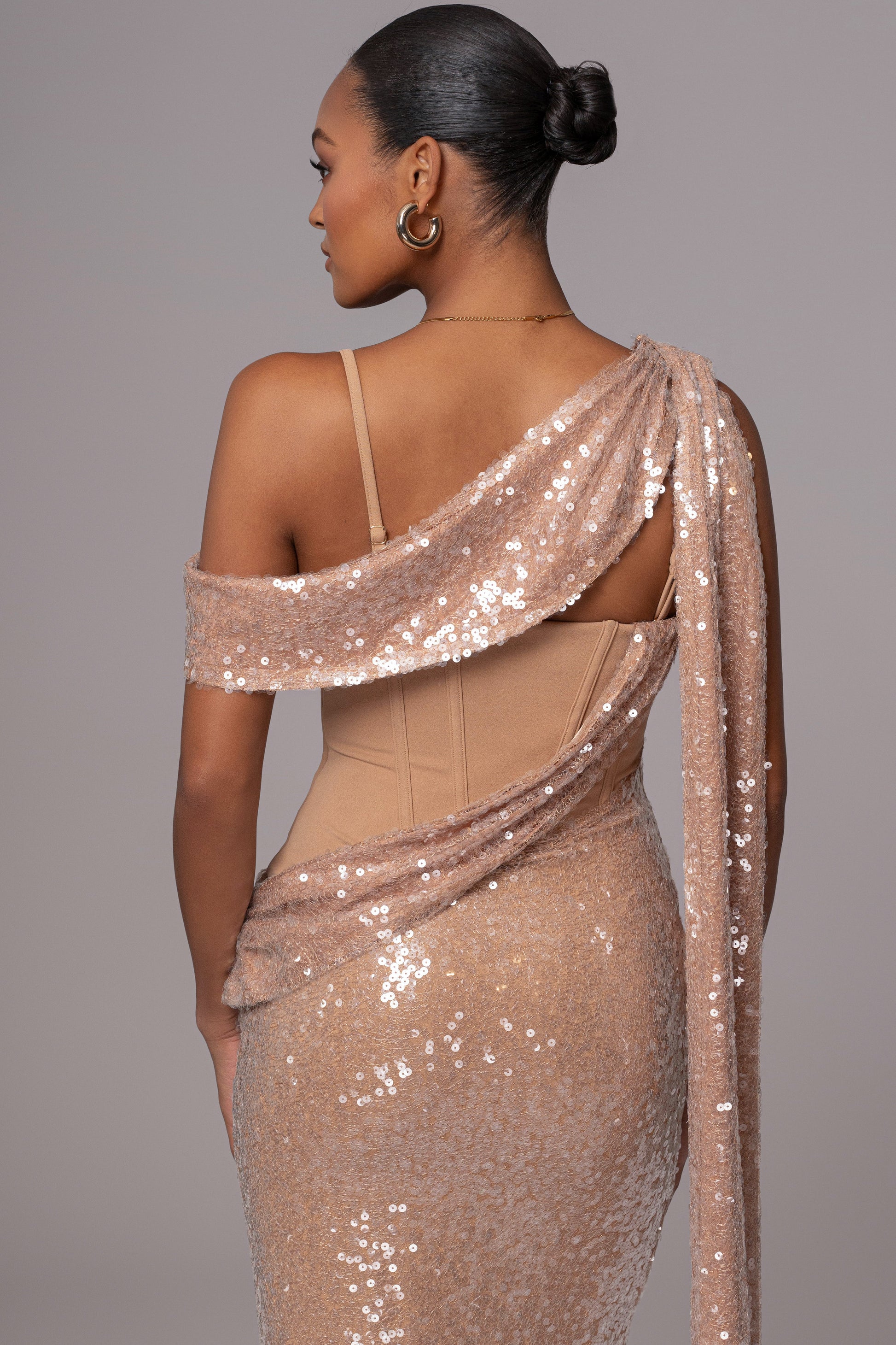 Tan Amani Draped Sequin Maxi Dress JLUXLABEL