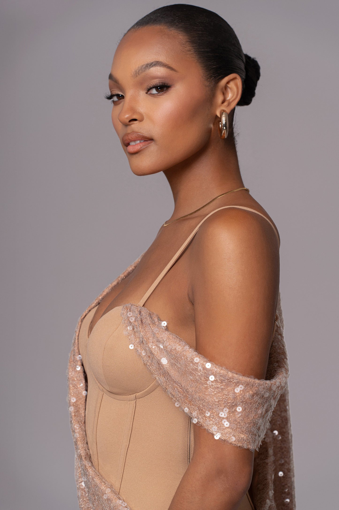 Tan Amani Draped Sequin Maxi Dress JLUXLABEL