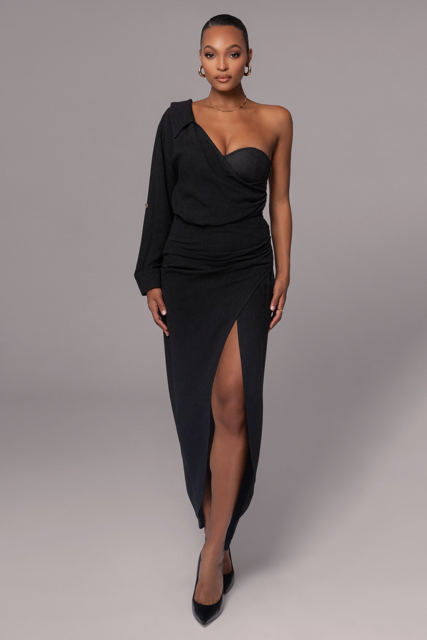 Black Evita Linen Draped Dress JLUXLABEL
