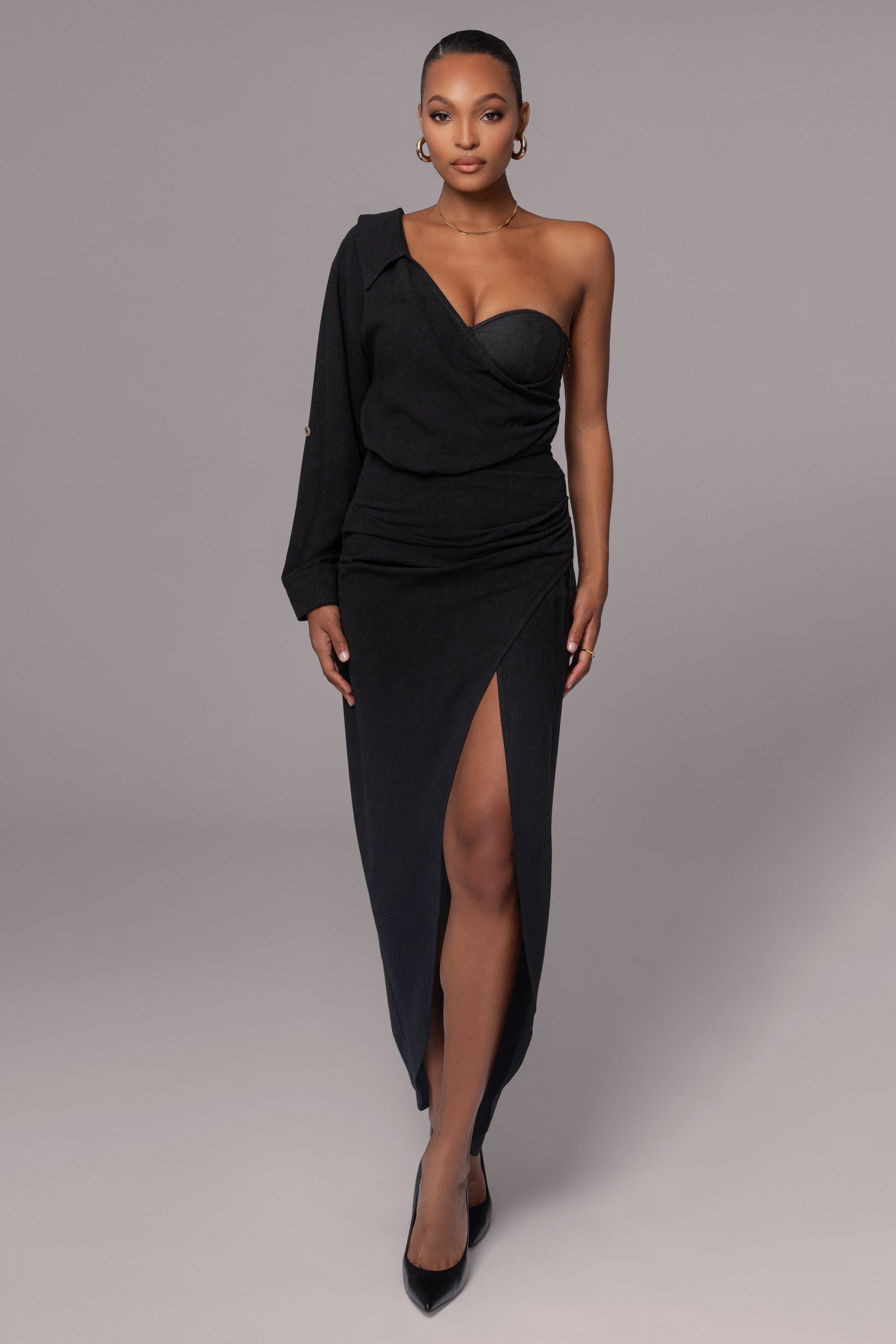Black Evita Linen Draped Dress JLUXLABEL
