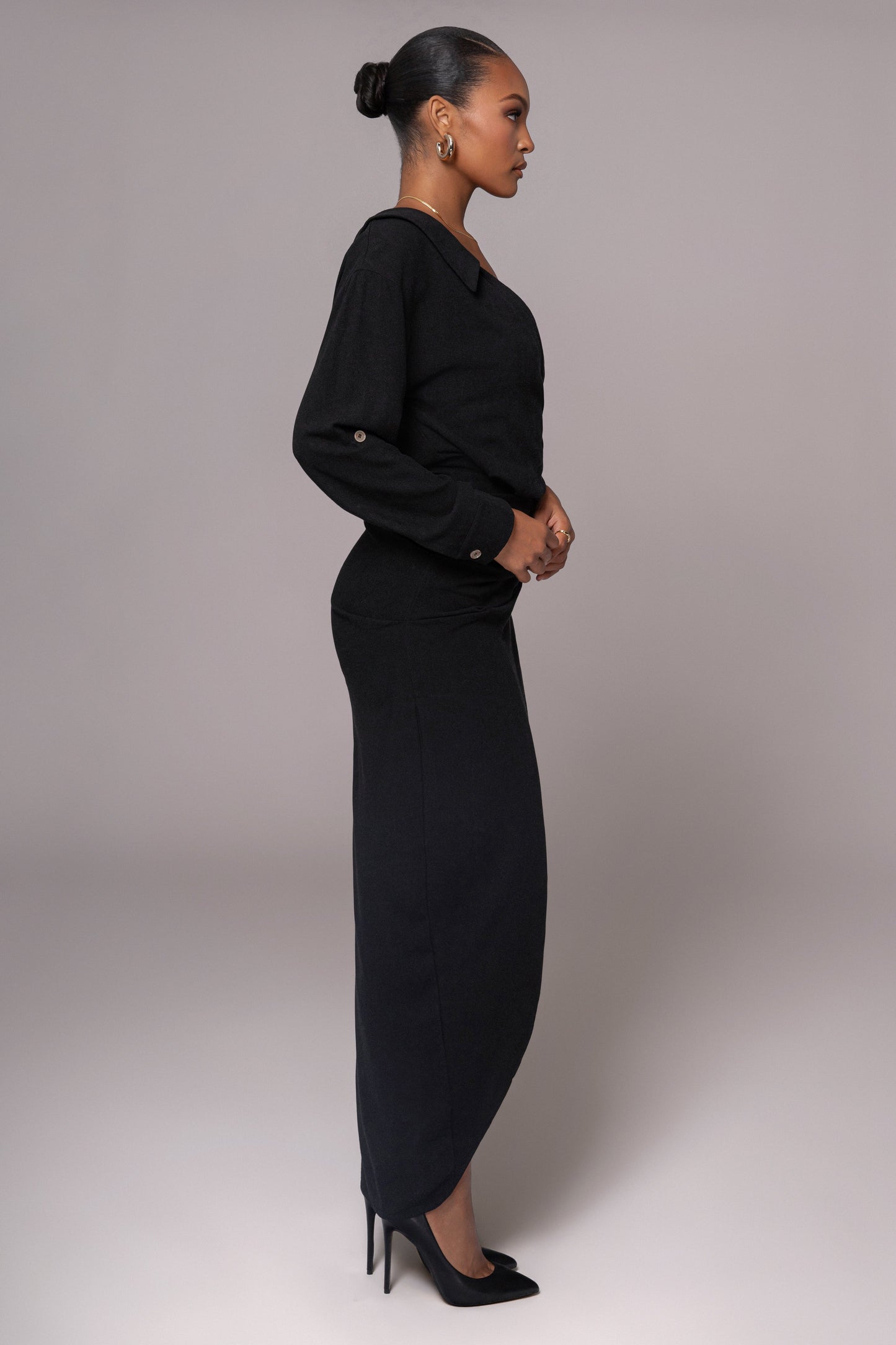 Black Evita Linen Draped Dress JLUXLABEL
