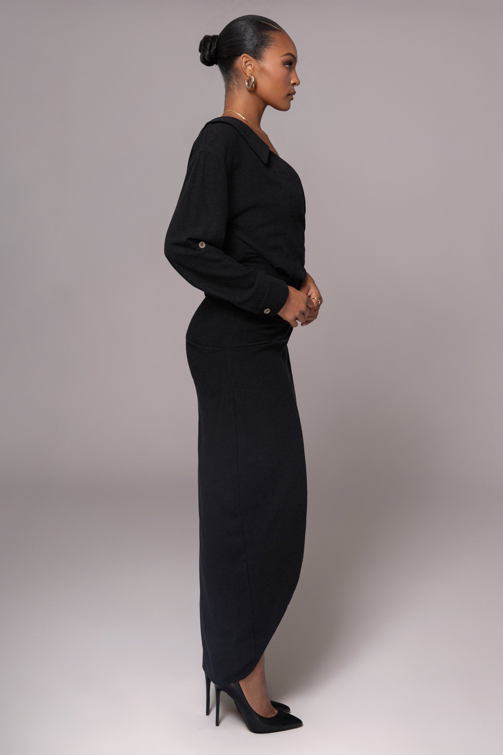 Black Evita Linen Draped Dress JLUXLABEL