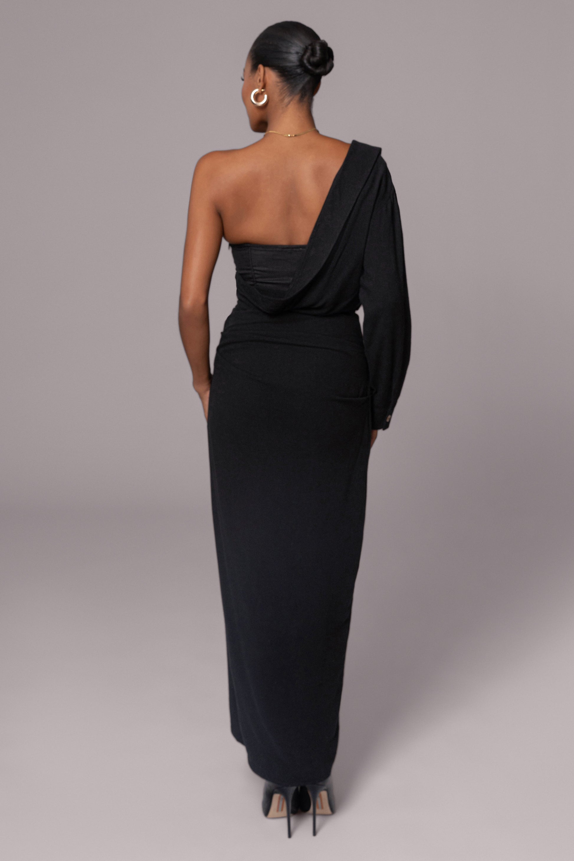 Black Evita Linen Draped Dress JLUXLABEL