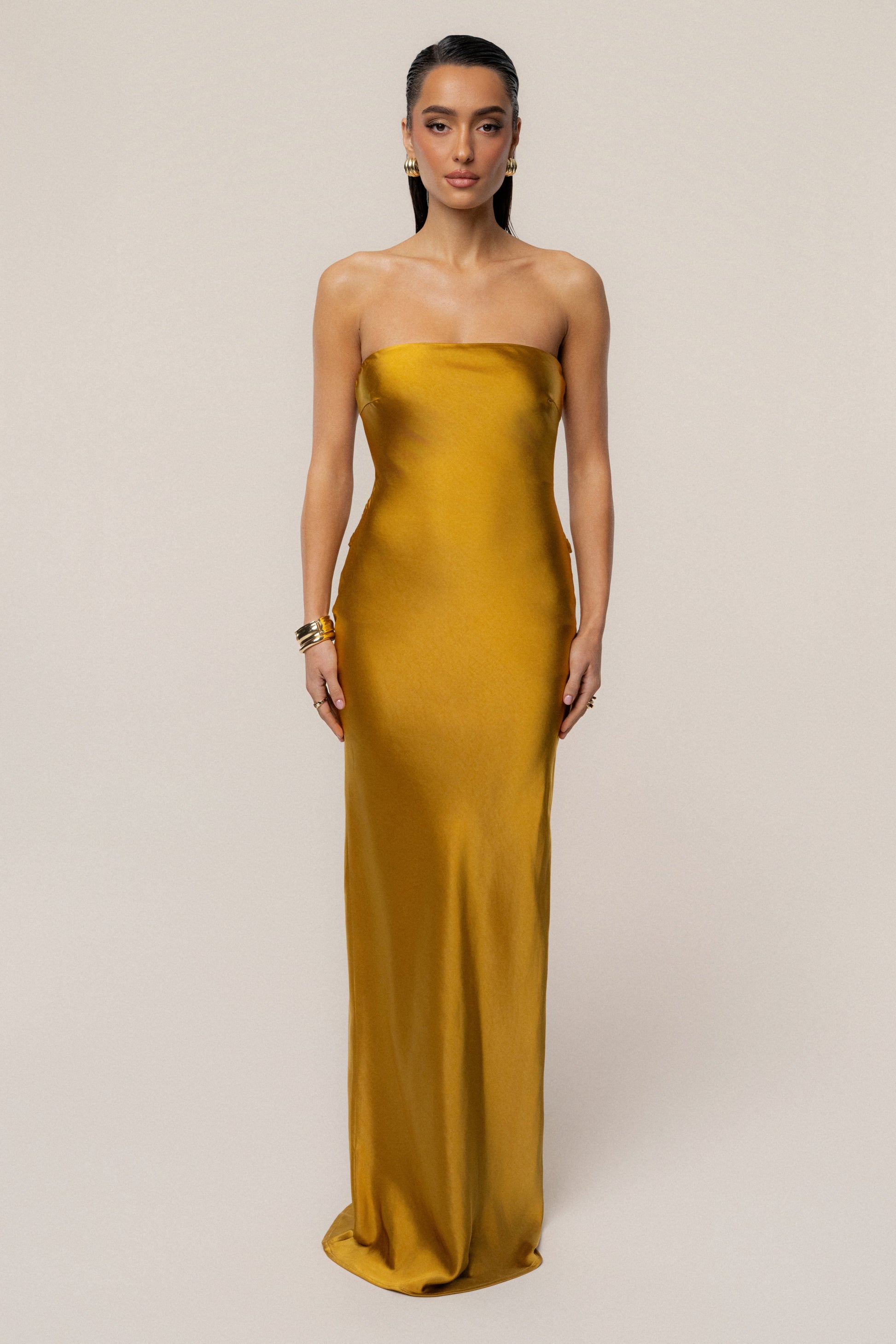 Gold Regal Rising Satin Maxi Dress NEWFASHIONEDGE