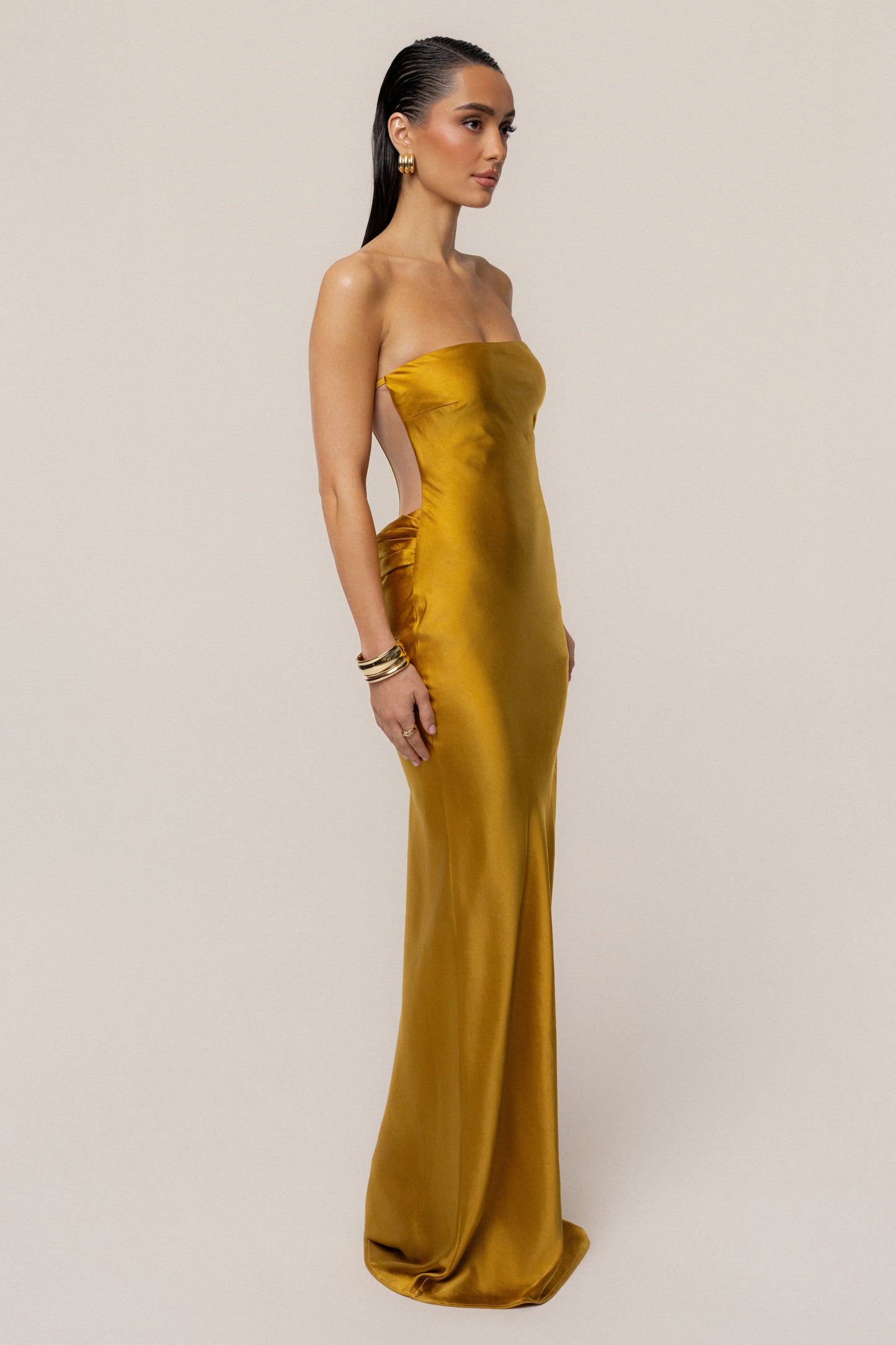 Gold Regal Rising Satin Maxi Dress NEWFASHIONEDGE