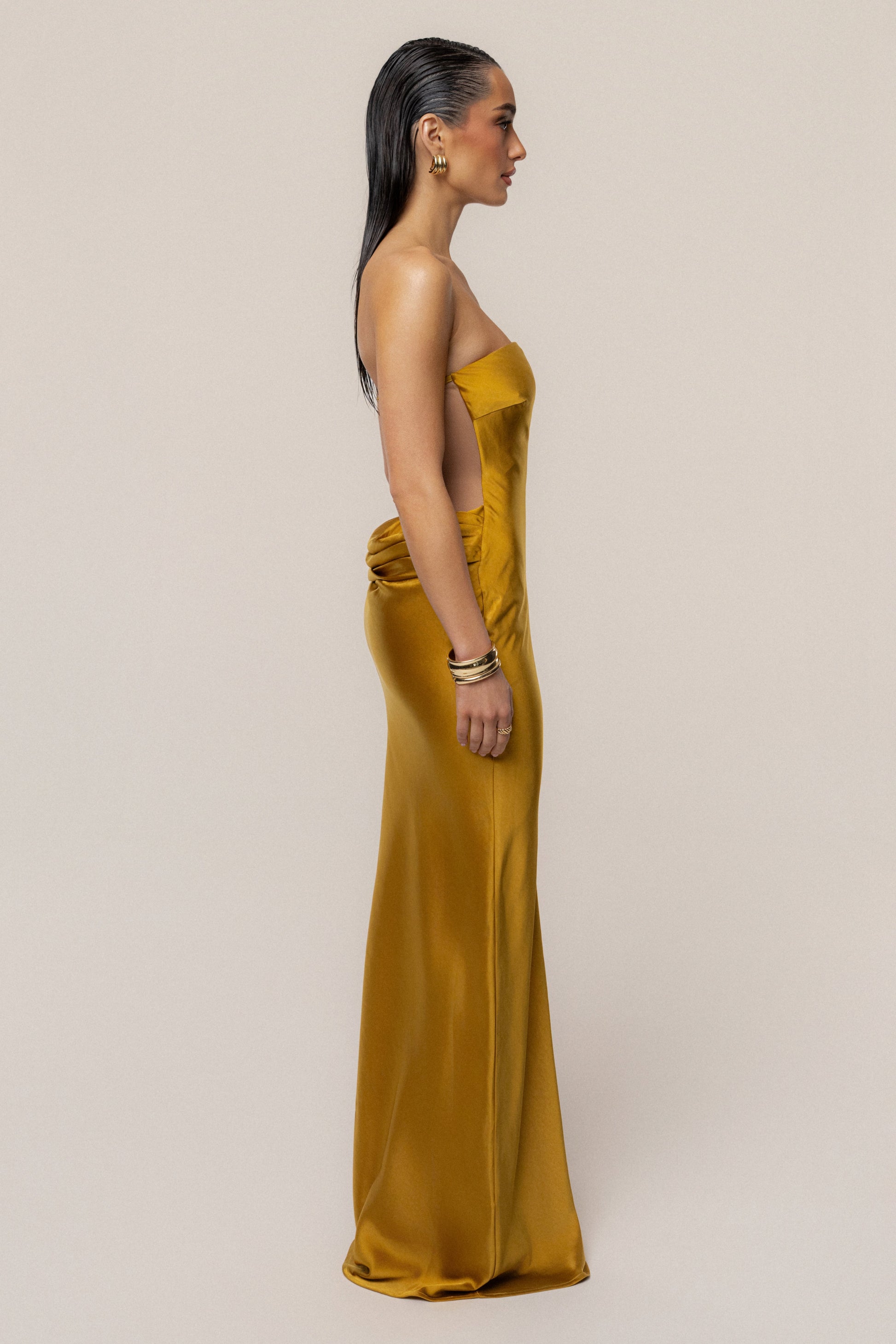 Gold Regal Rising Satin Maxi Dress NEWFASHIONEDGE