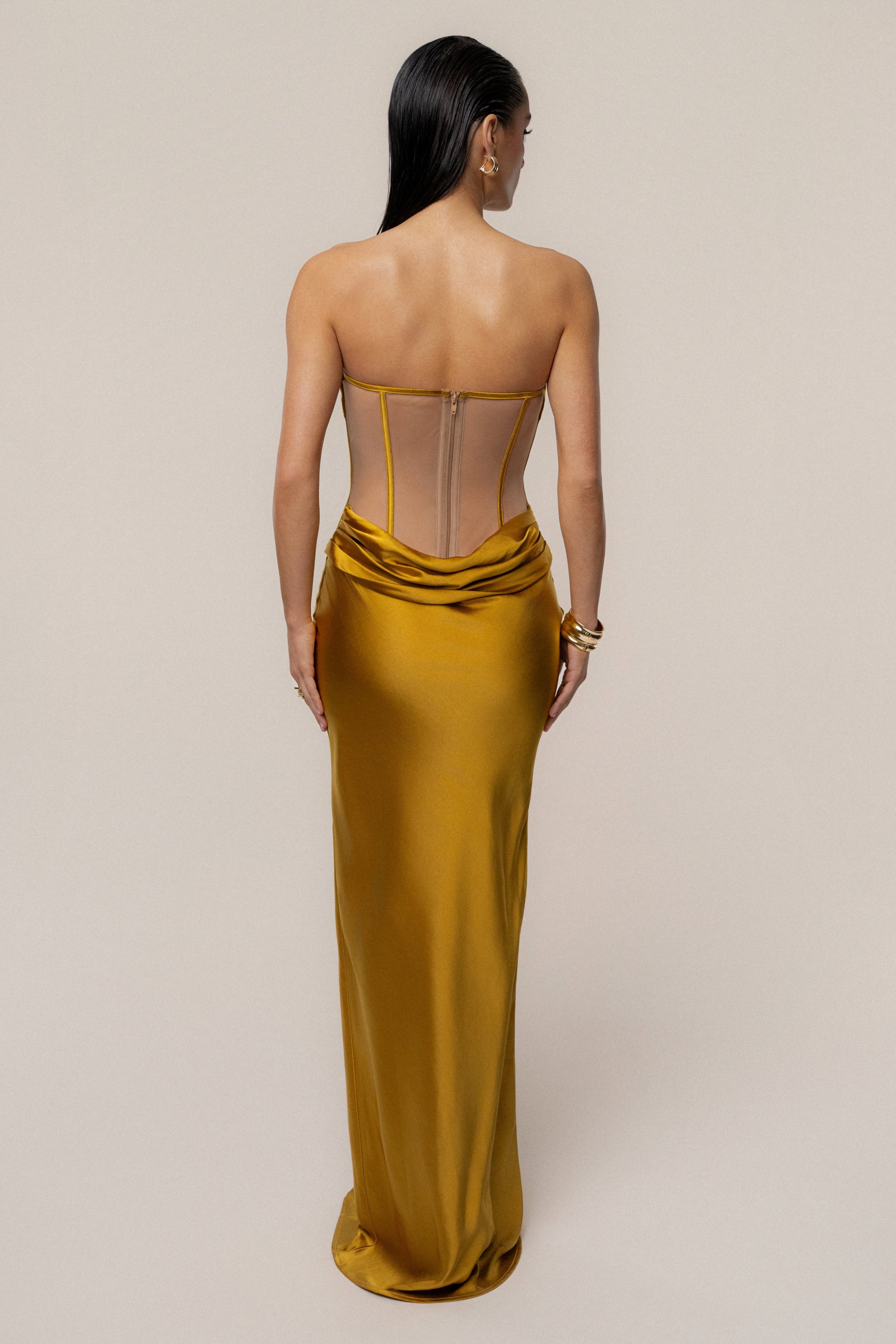 Gold Regal Rising Satin Maxi Dress NEWFASHIONEDGE