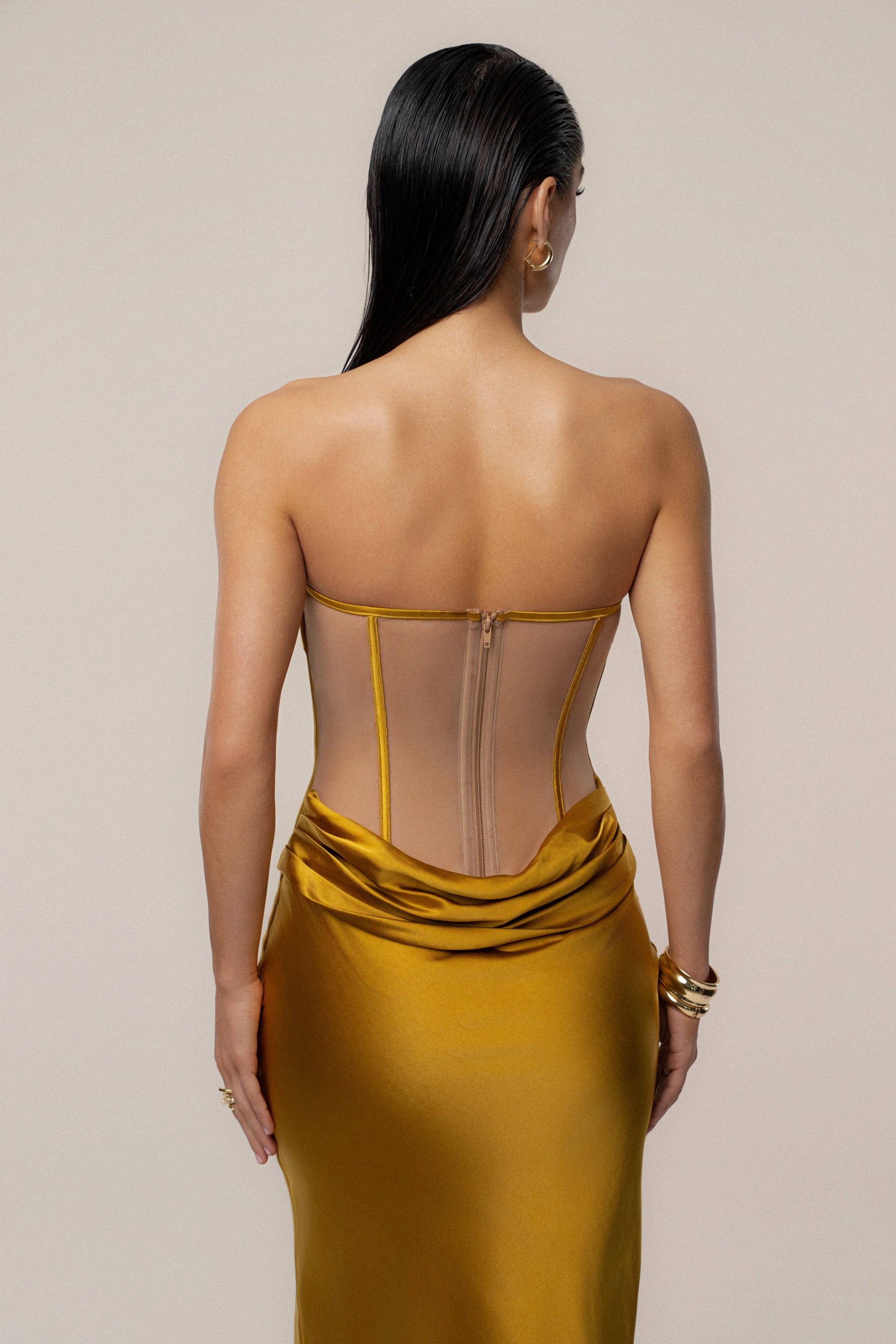 Gold Regal Rising Satin Maxi Dress NEWFASHIONEDGE