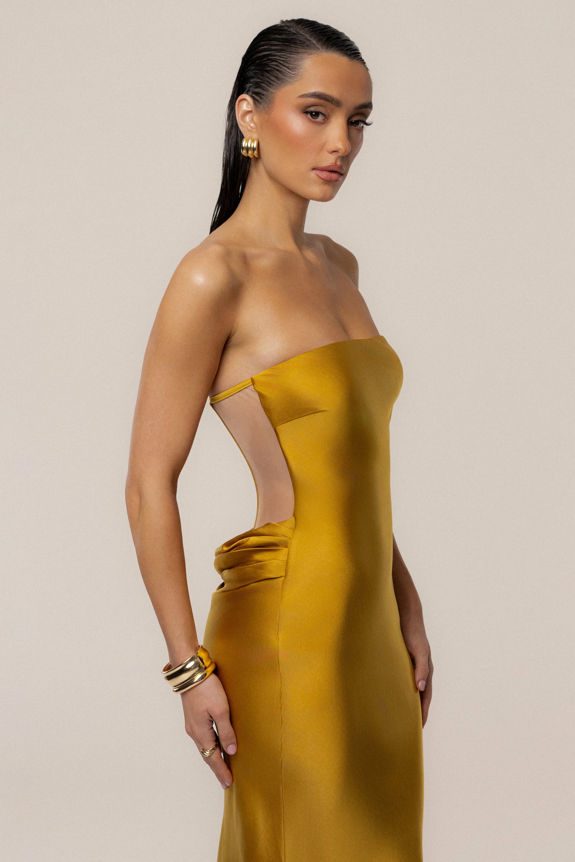 Gold Regal Rising Satin Maxi Dress NEWFASHIONEDGE