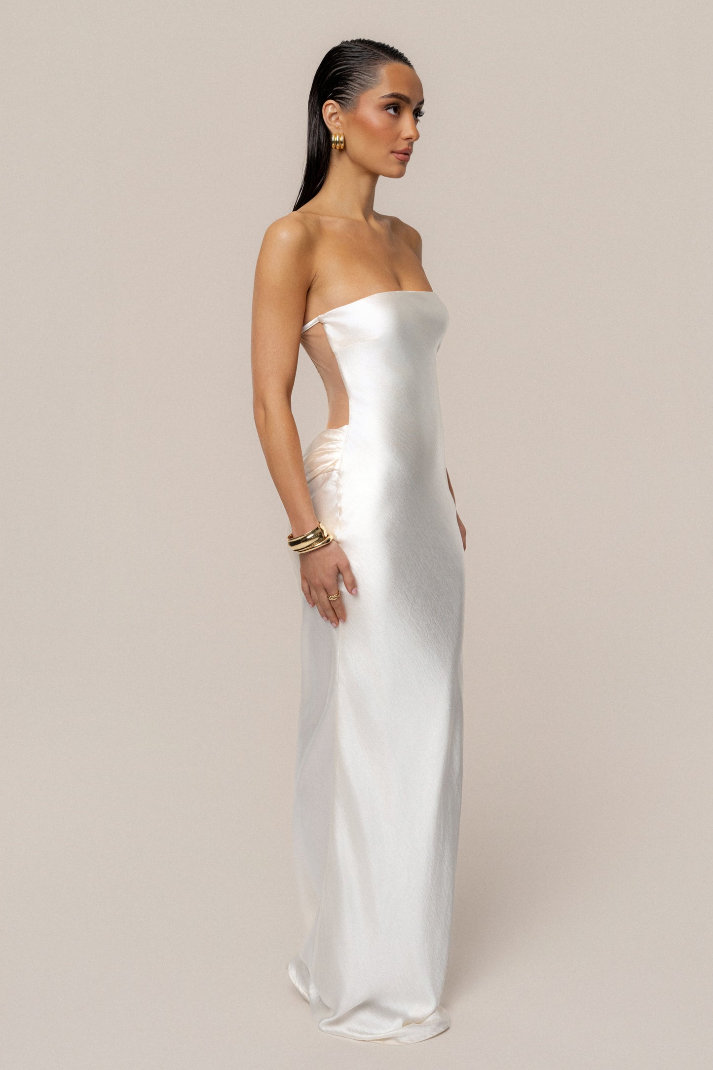 Ivory Regal Rising Satin Maxi Dress JLUXLABEL