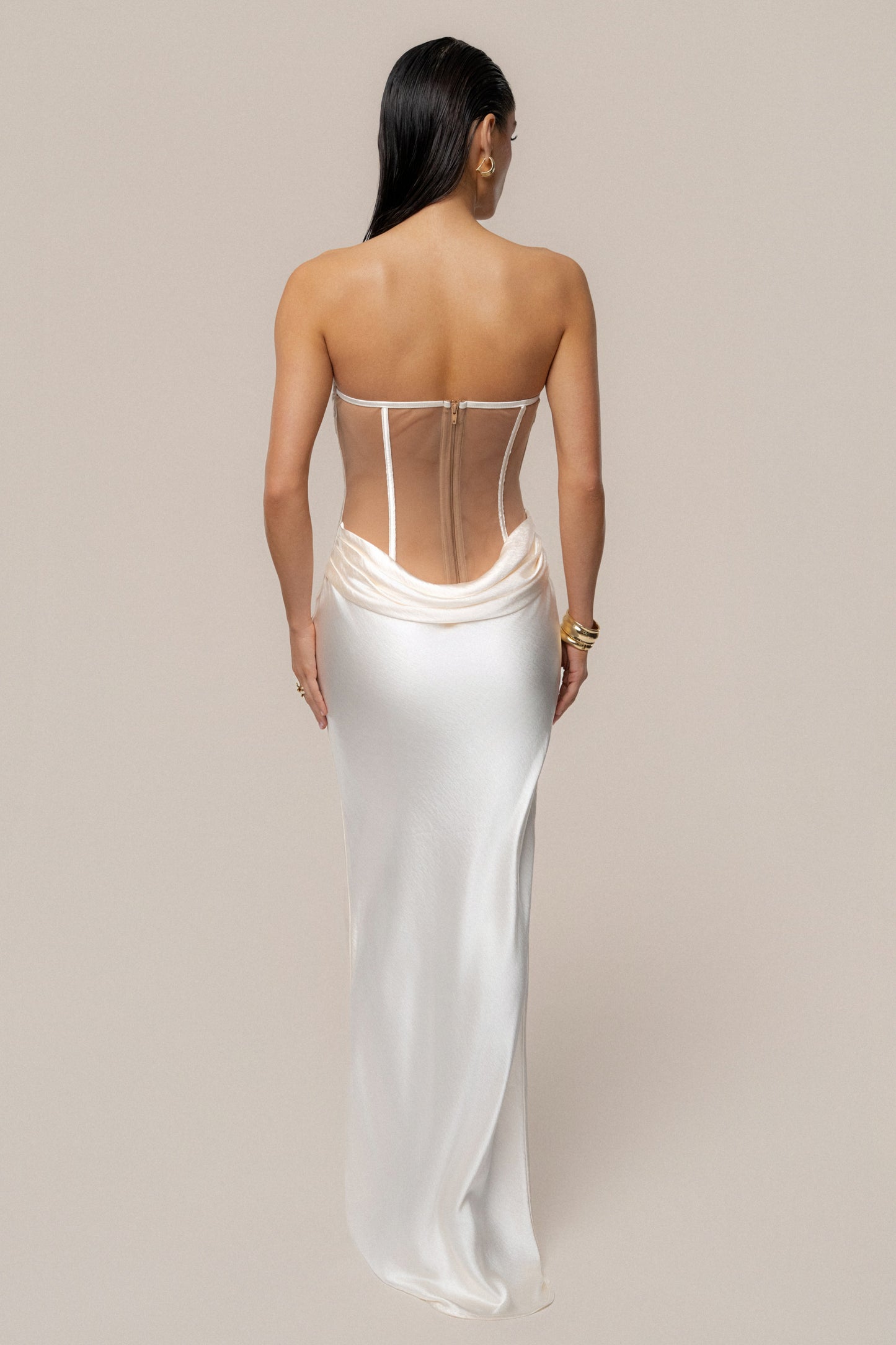 Ivory Regal Rising Satin Maxi Dress JLUXLABEL