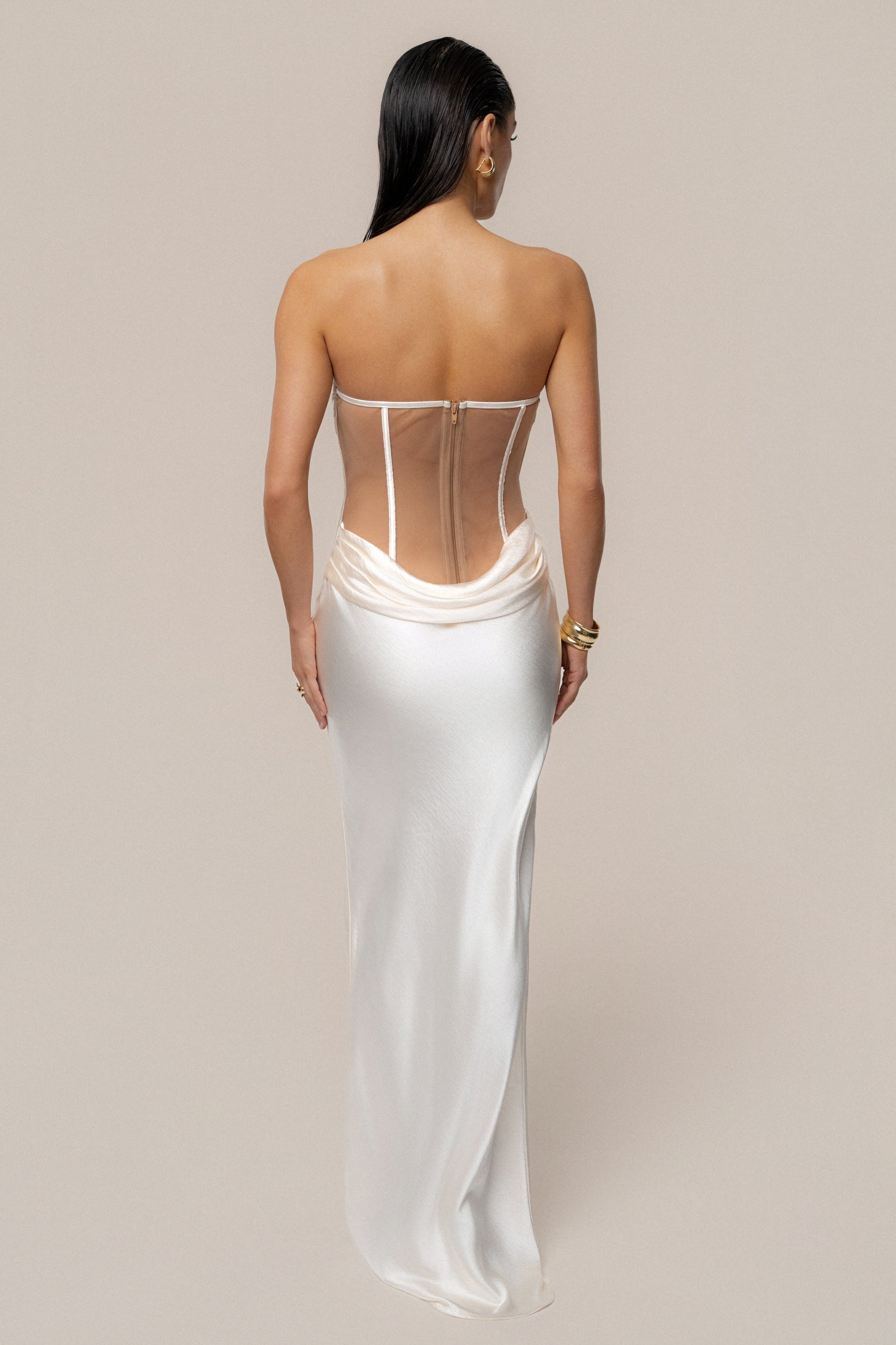 Ivory Regal Rising Satin Maxi Dress JLUXLABEL