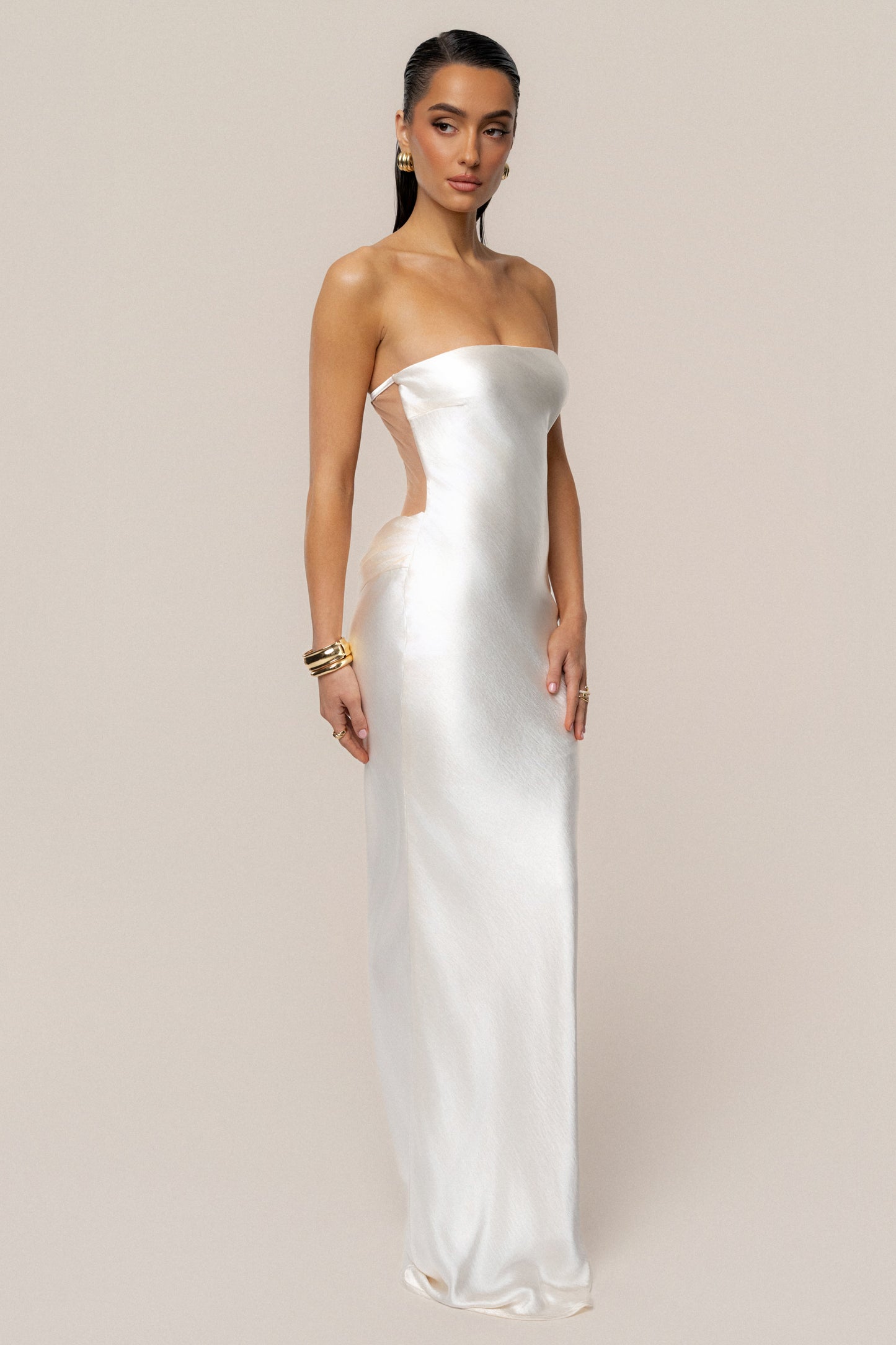 Ivory Regal Rising Satin Maxi Dress JLUXLABEL
