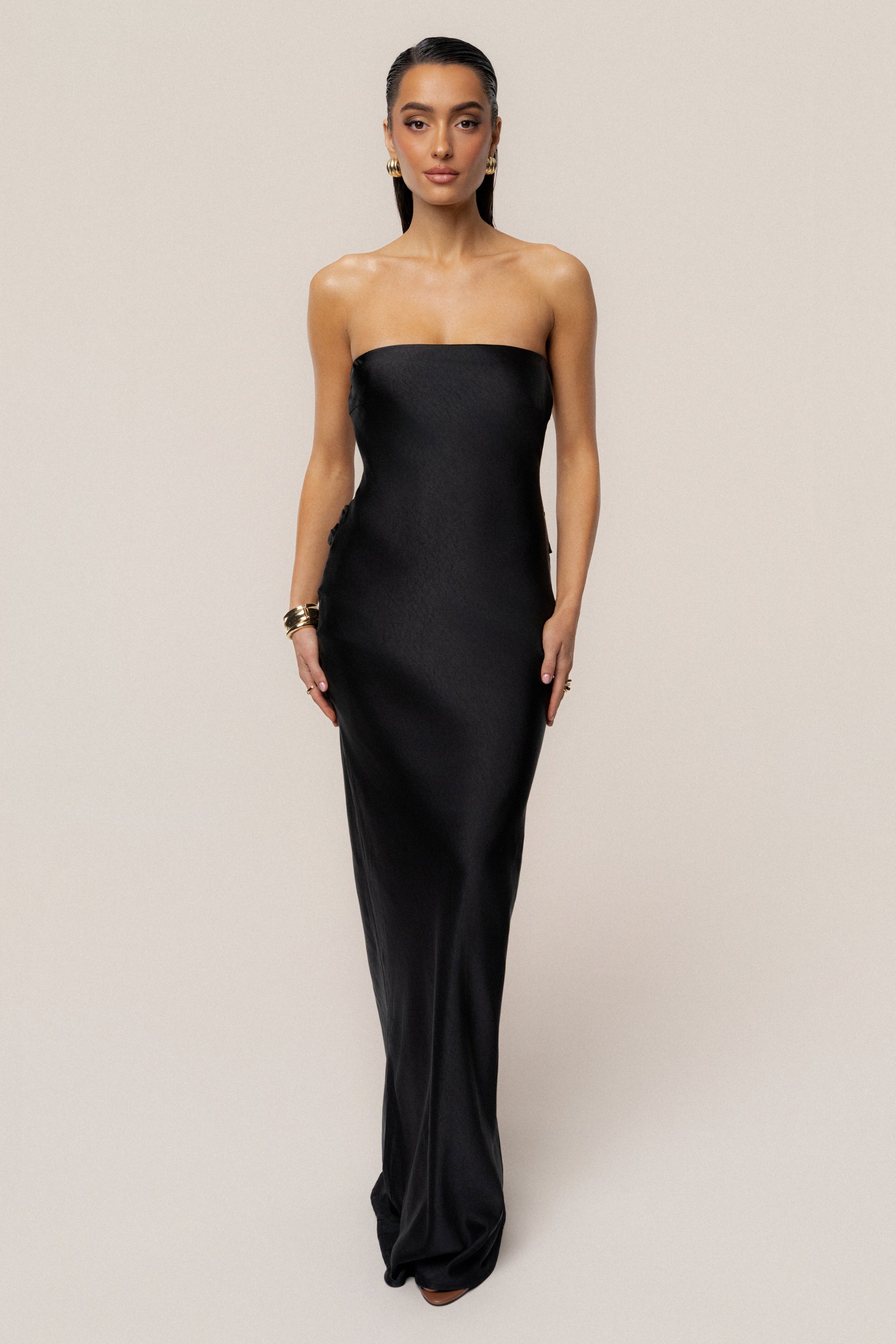 Black Regal Rising Satin Maxi Dress JLUXLABEL