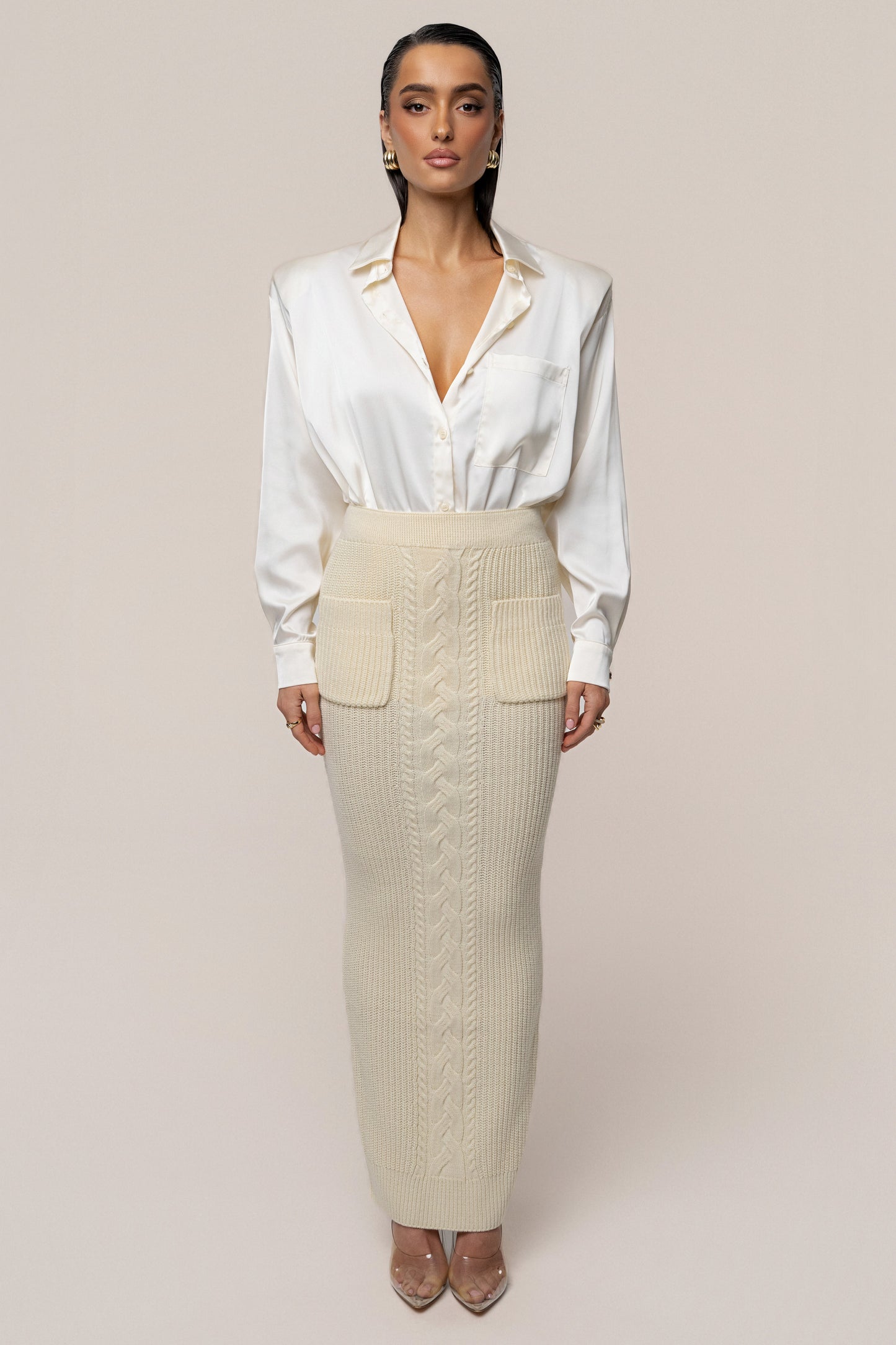 Cream Missy Cable Sweater Midi Skirt JLUXLABEL