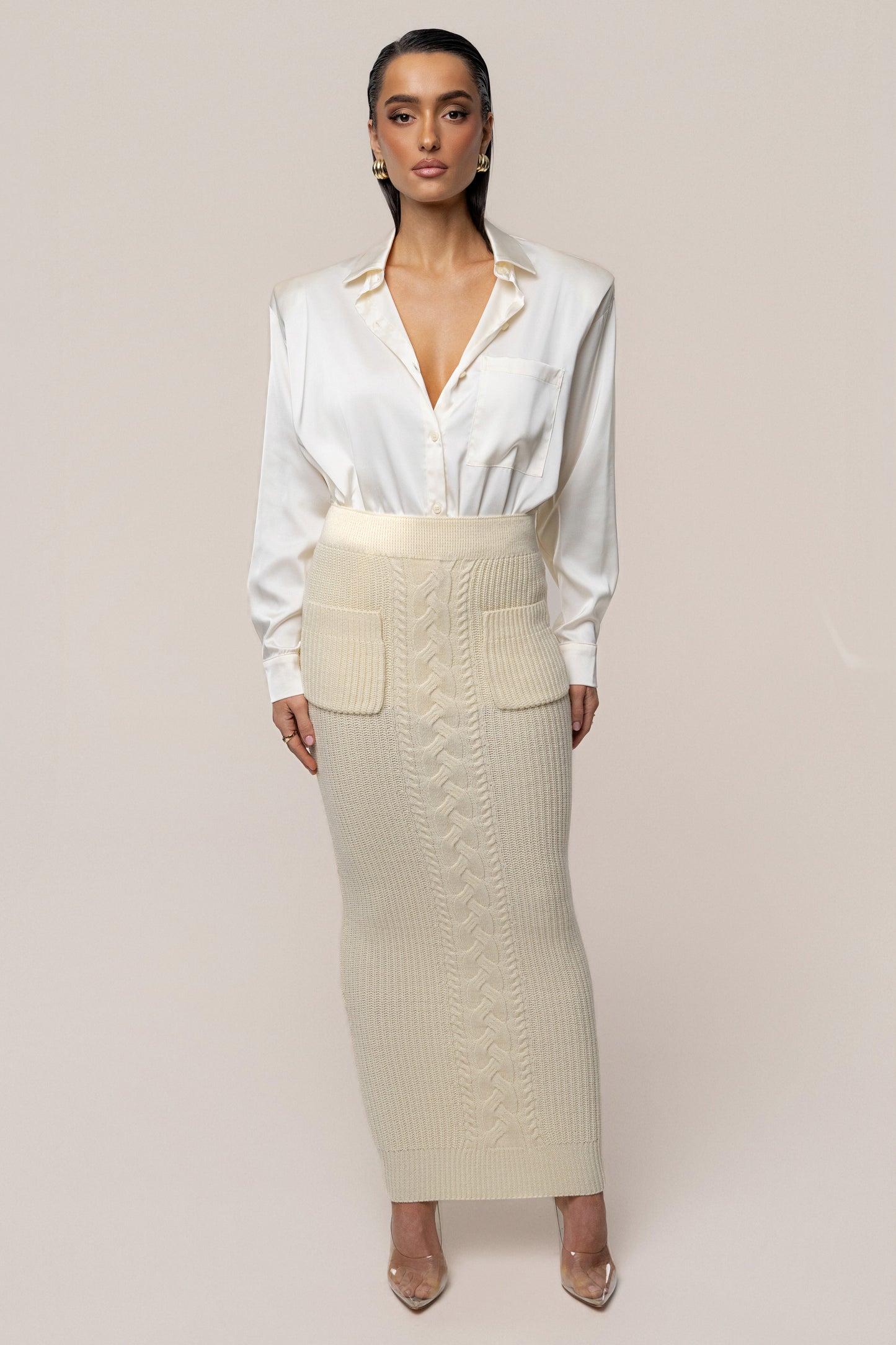 Cream Missy Cable Sweater Midi Skirt JLUXLABEL