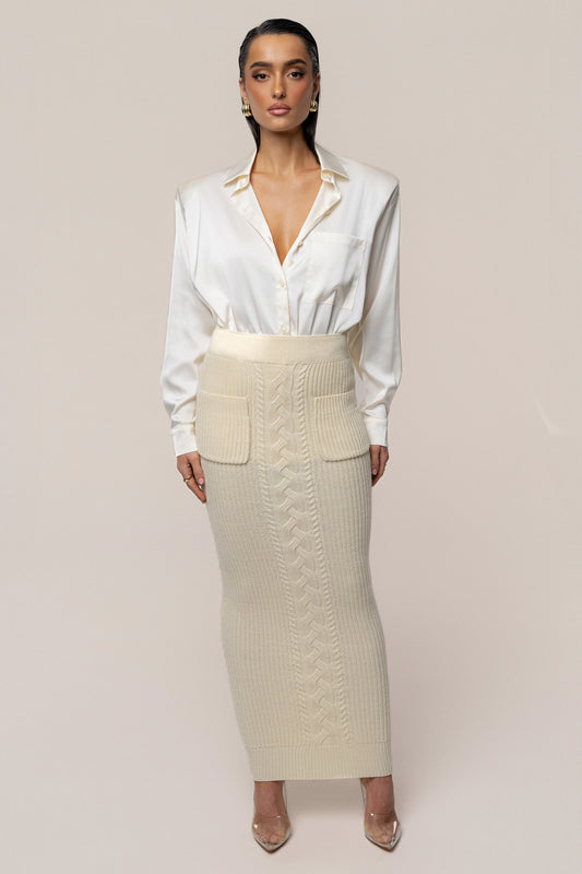 Cream Missy Cable Sweater Midi Skirt JLUXLABEL