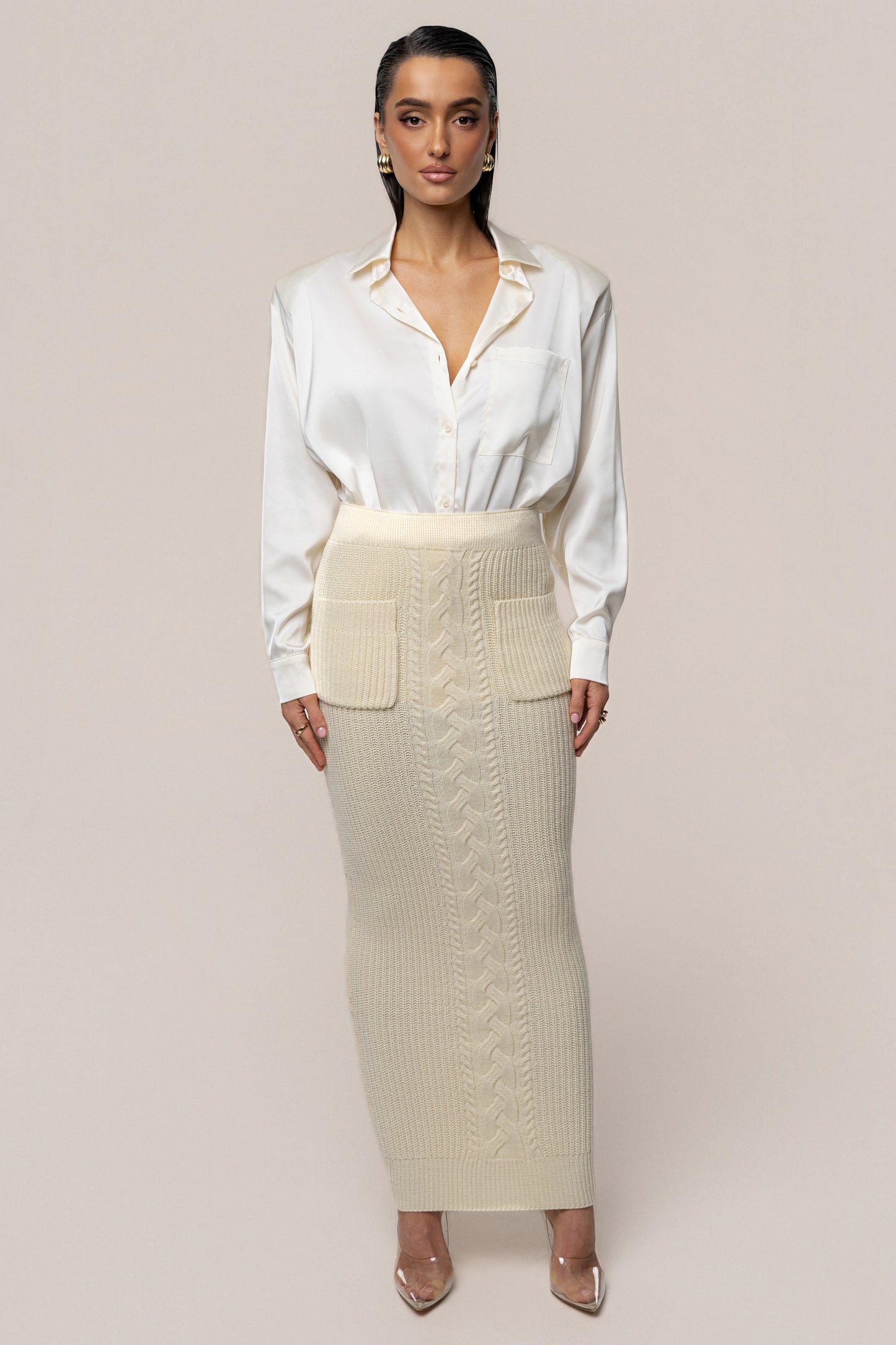 Cream Missy Cable Sweater Midi Skirt JLUXLABEL