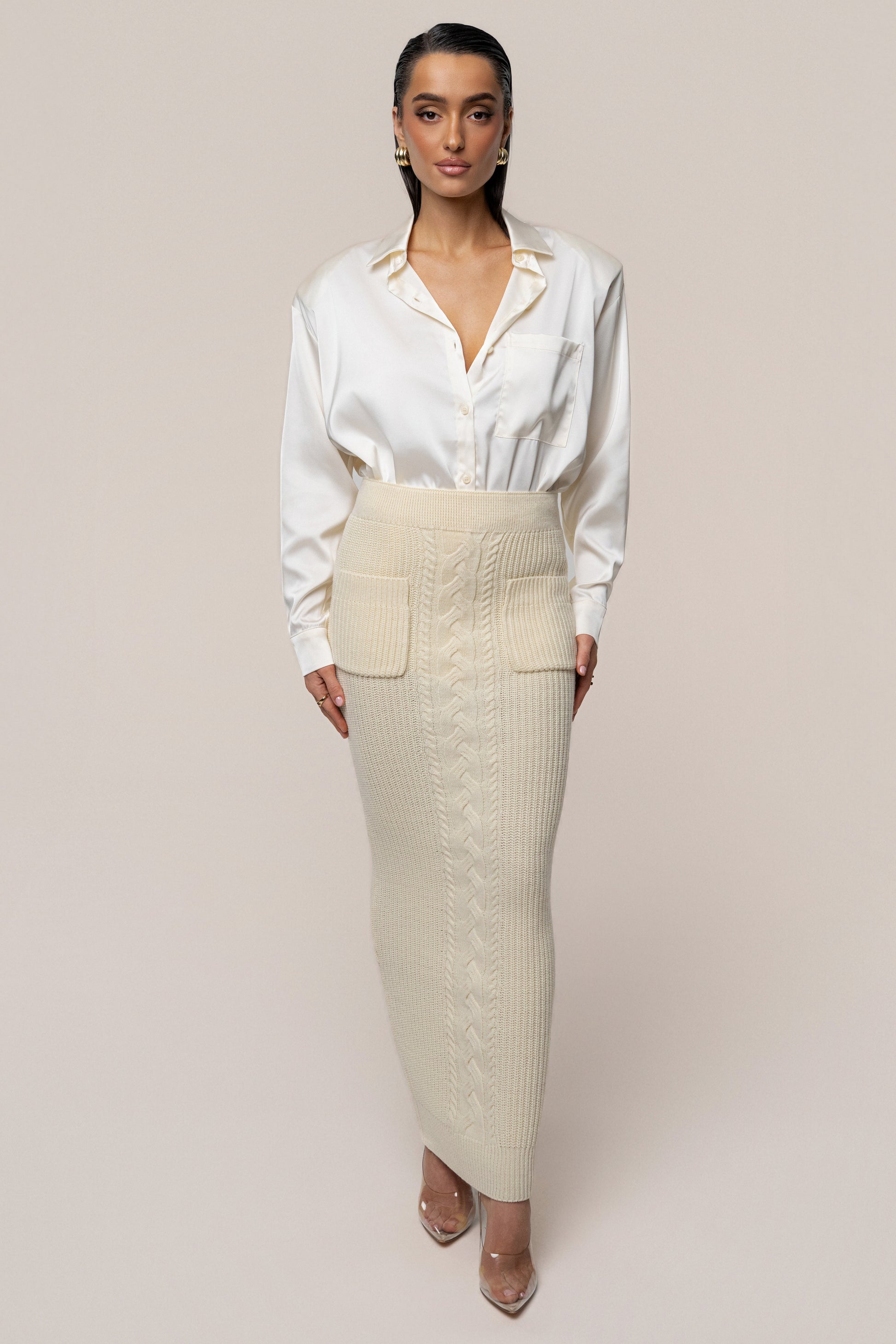 Cream Missy Cable Sweater Midi Skirt JLUXLABEL