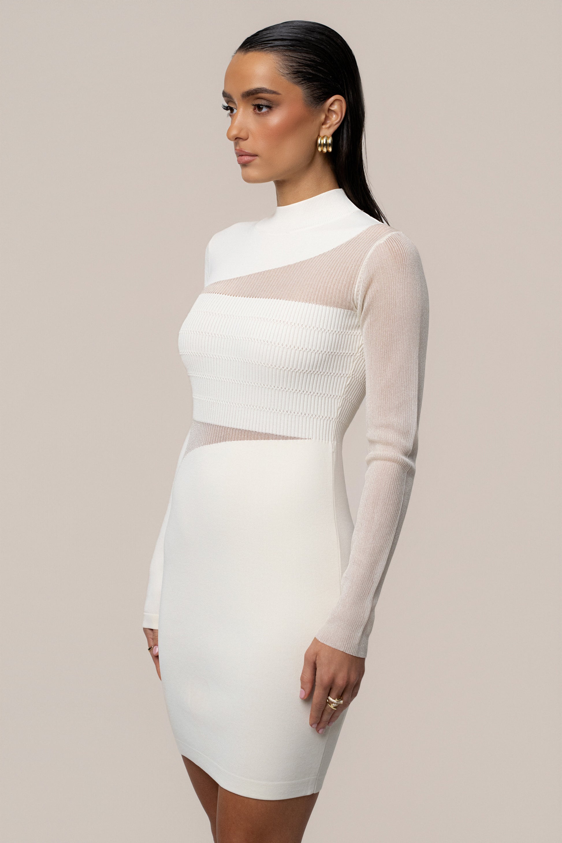 Ivory Sheer Knit Mock Neck Dress JLUXLABEL