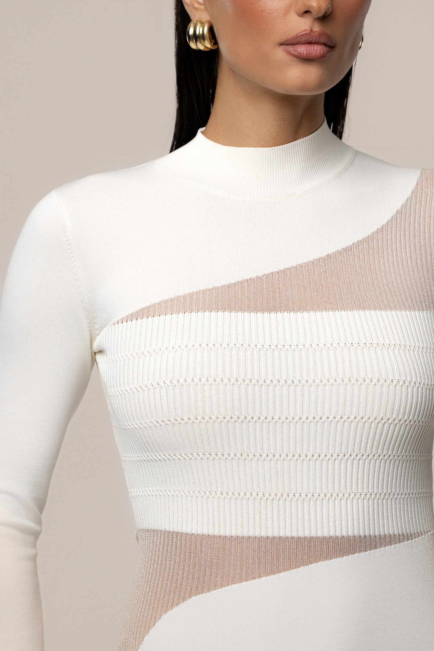 Ivory Sheer Knit Mock Neck Dress JLUXLABEL