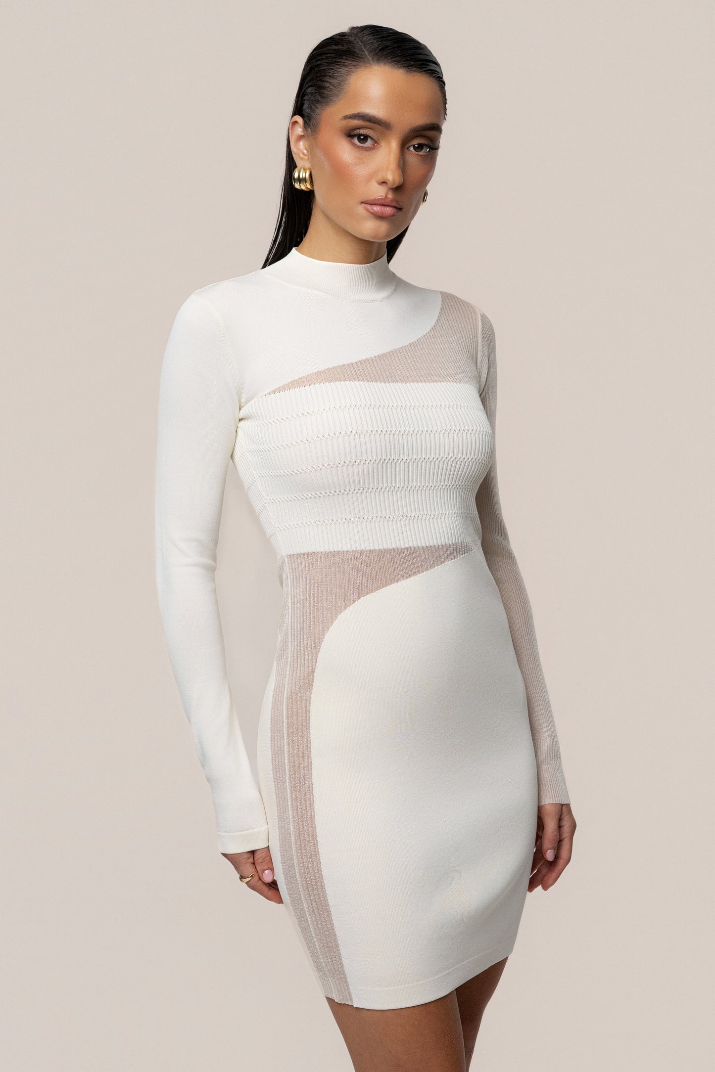 Ivory Sheer Knit Mock Neck Dress JLUXLABEL