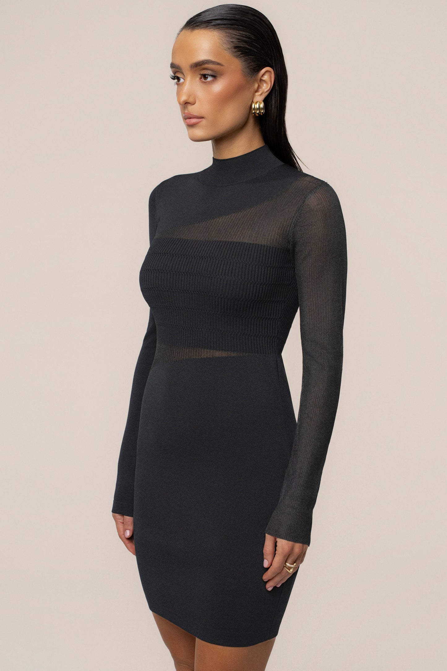 Black Sheer Knit Mock Neck Dress JLUXLABEL