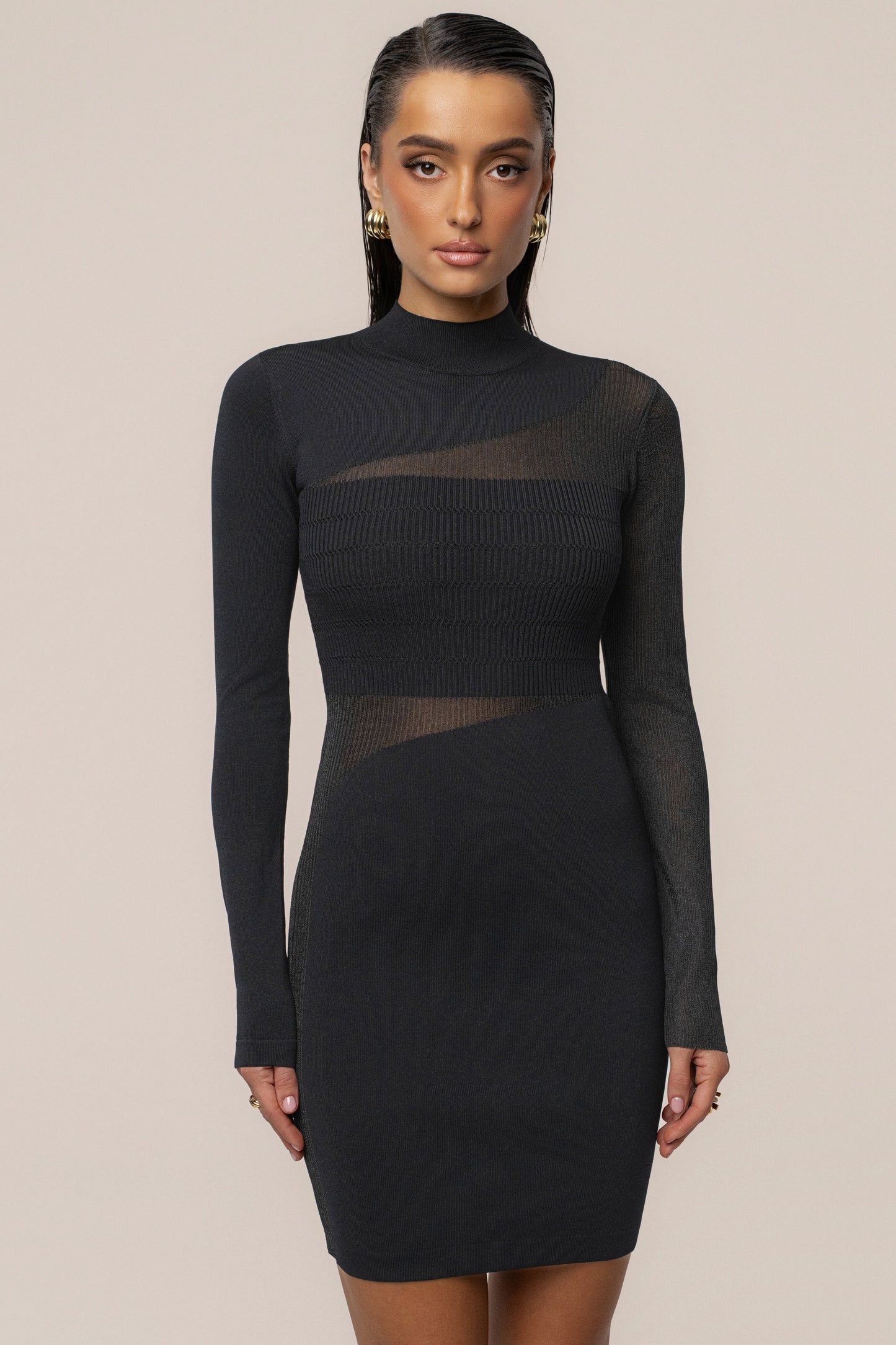 Black Sheer Knit Mock Neck Dress JLUXLABEL