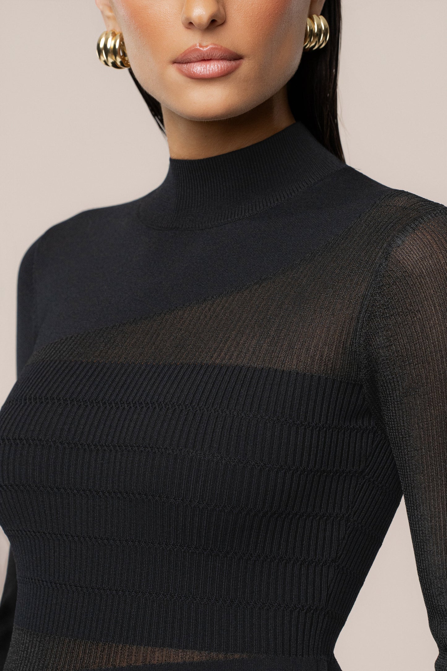 Black Sheer Knit Mock Neck Dress JLUXLABEL