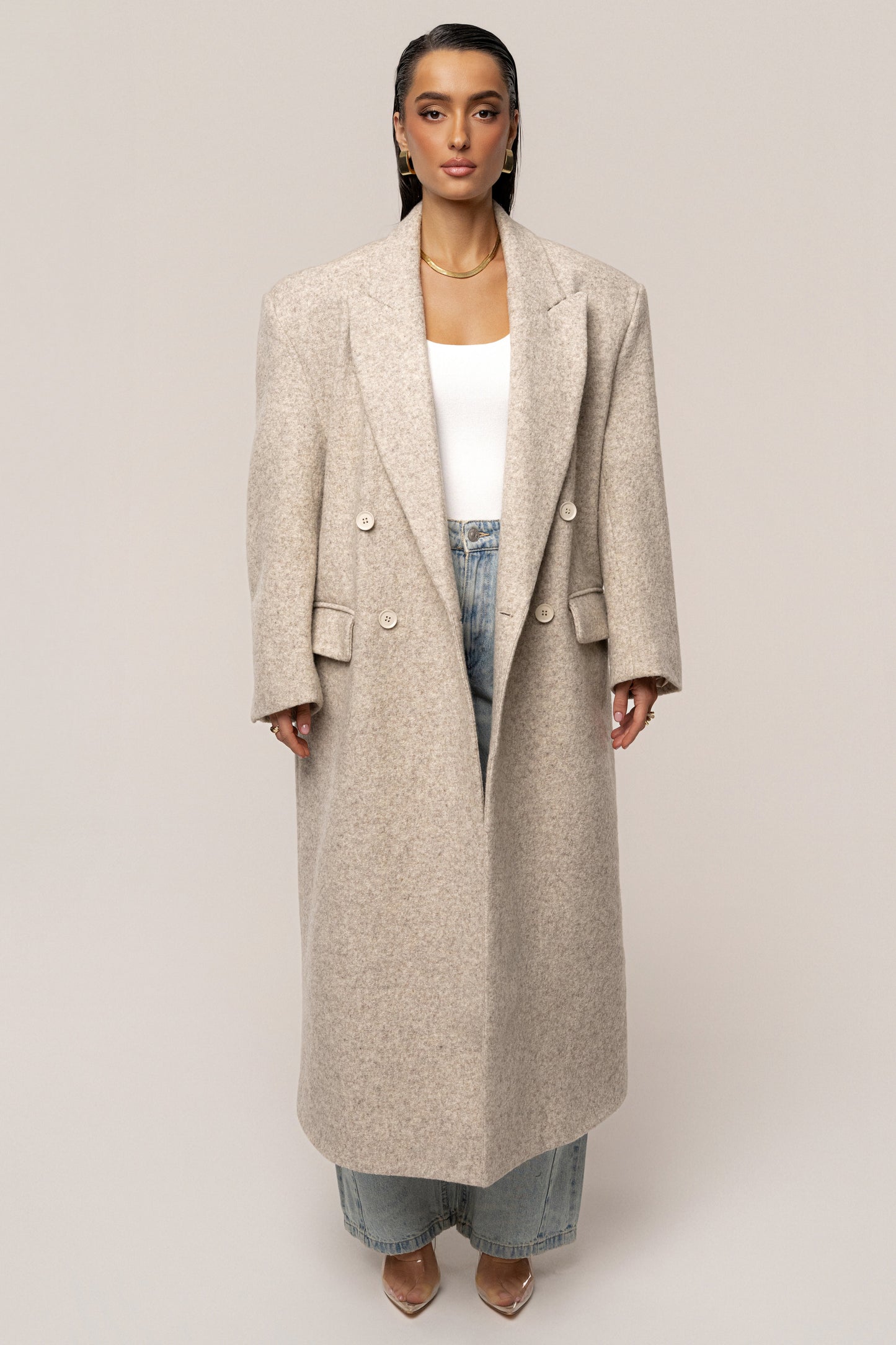 Beige Oversize Double Breasted Coat JLUXLABEL