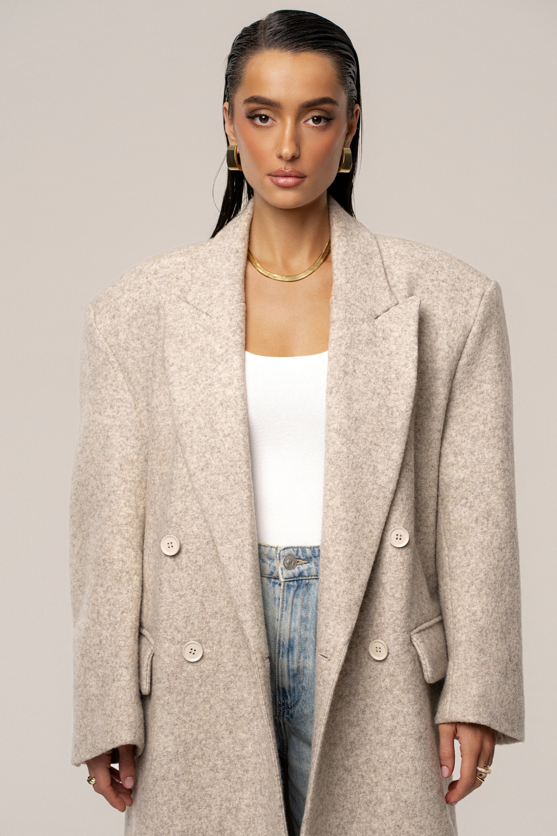 Beige Oversize Double Breasted Coat JLUXLABEL