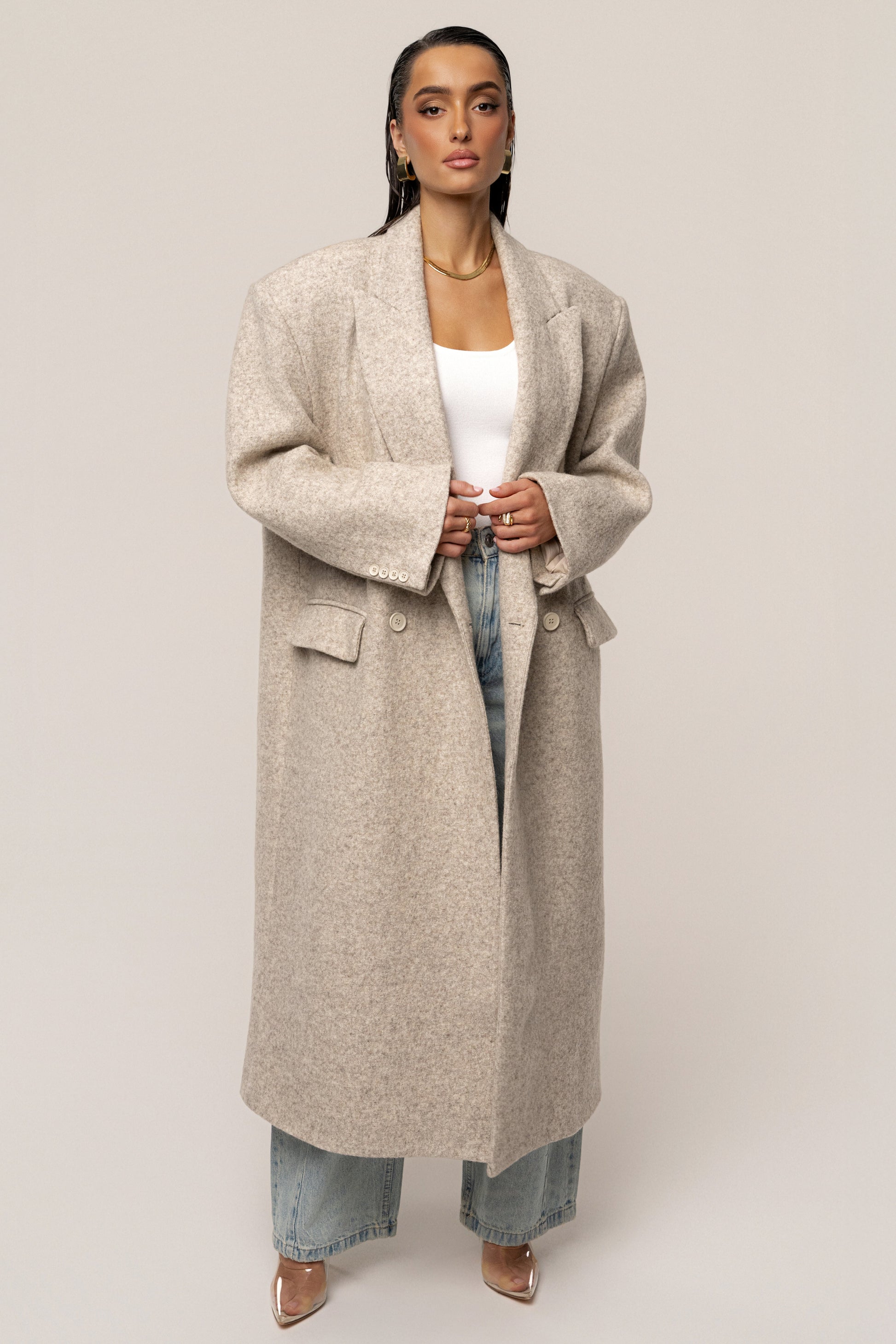 Beige Oversize Double Breasted Coat JLUXLABEL
