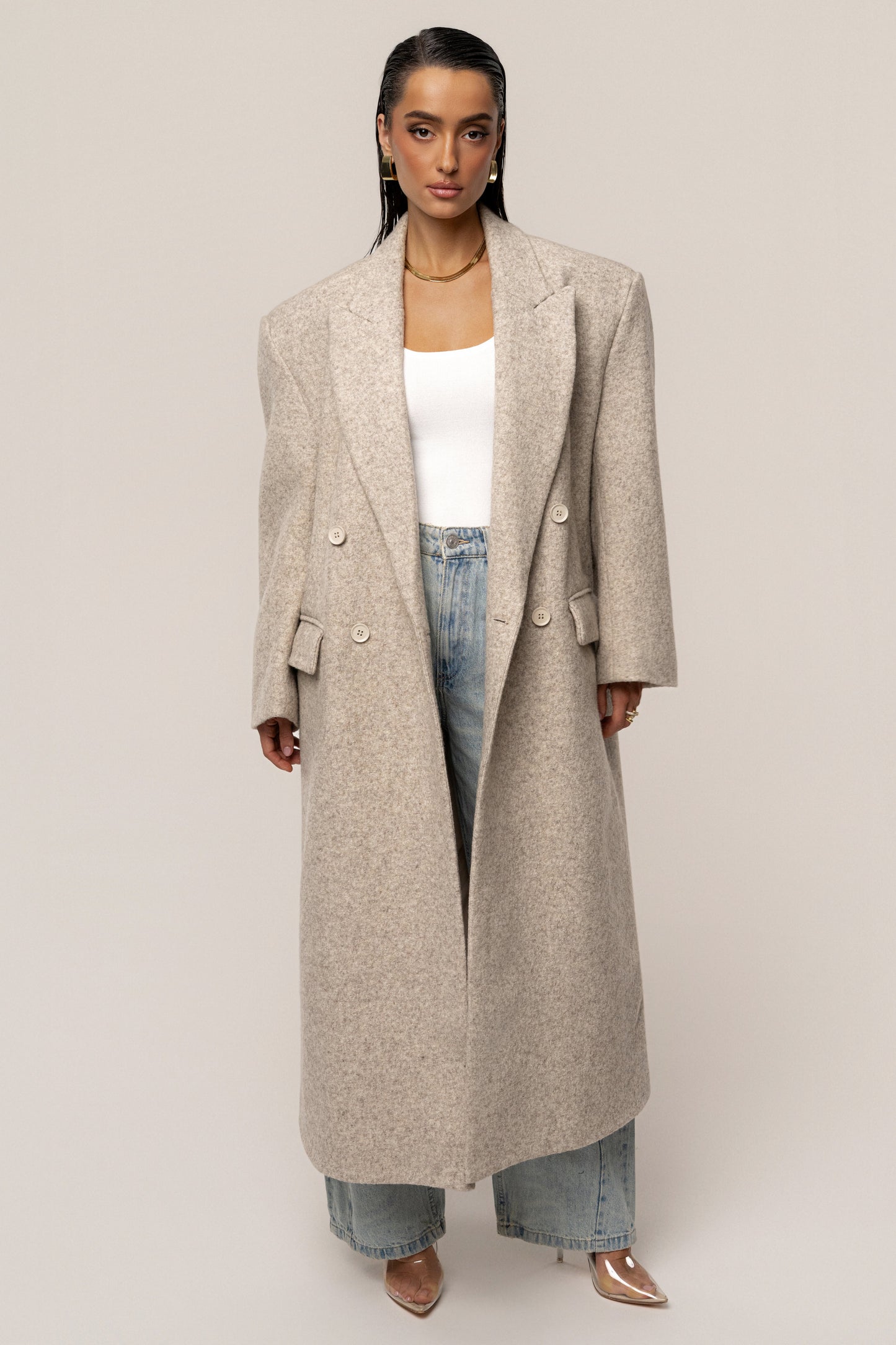 Beige Oversize Double Breasted Coat JLUXLABEL