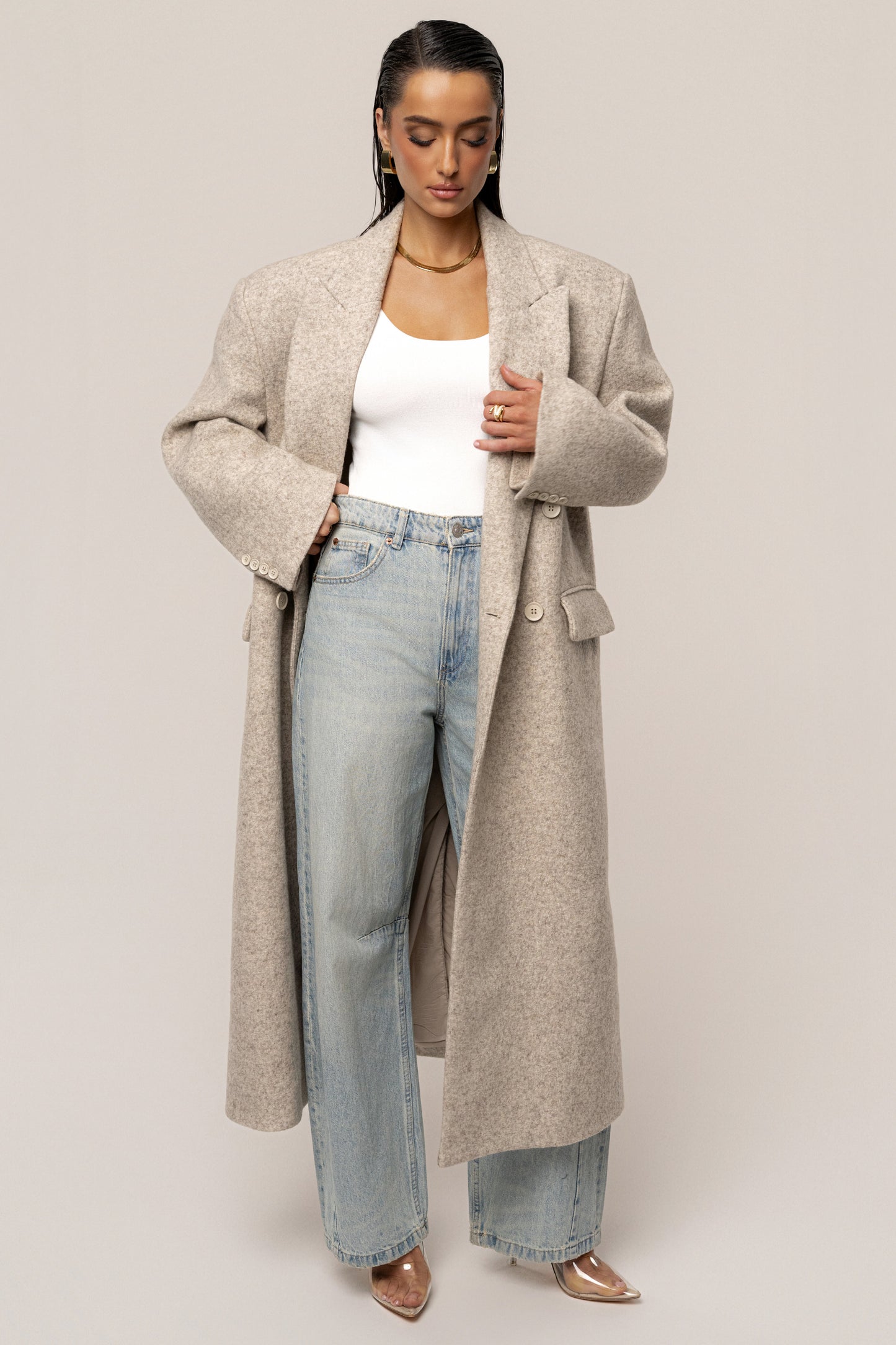 Beige Oversize Double Breasted Coat JLUXLABEL