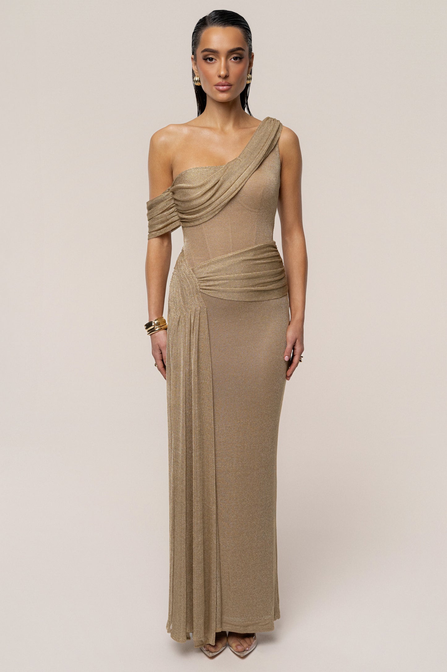 Gold Draped Metallic Maxi Dress JLUXLABEL
