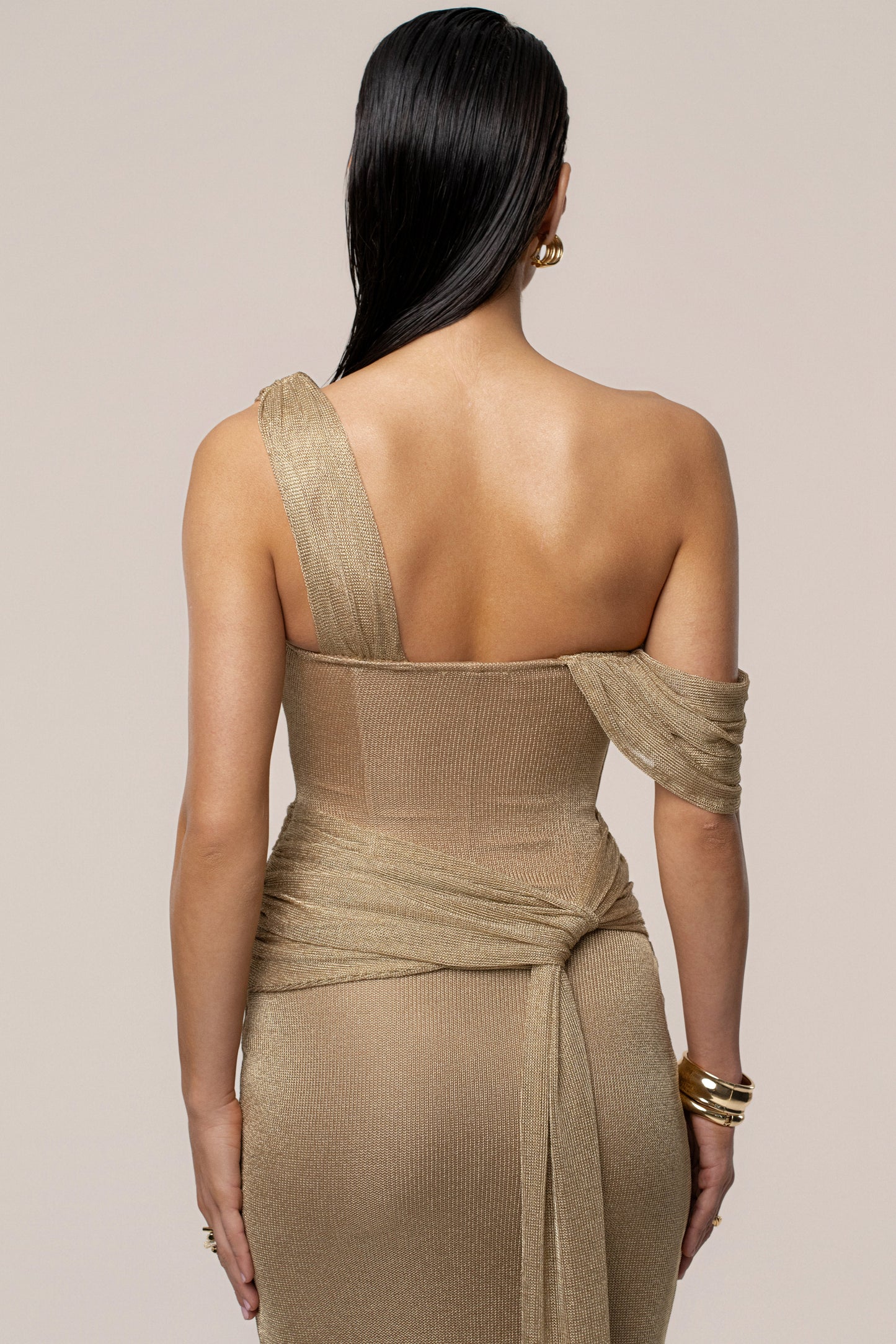 Gold Draped Metallic Maxi Dress JLUXLABEL