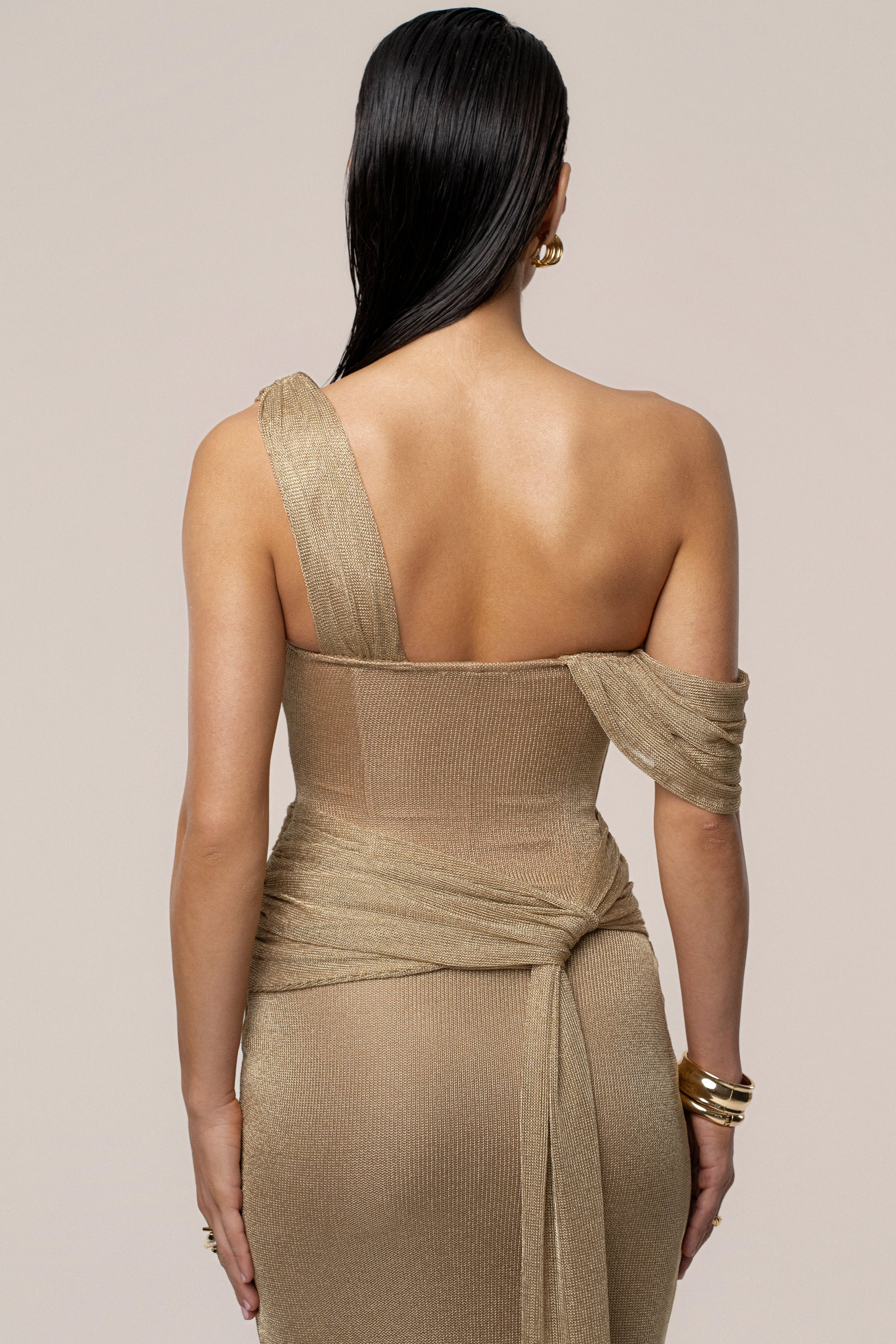Gold Draped Metallic Maxi Dress JLUXLABEL