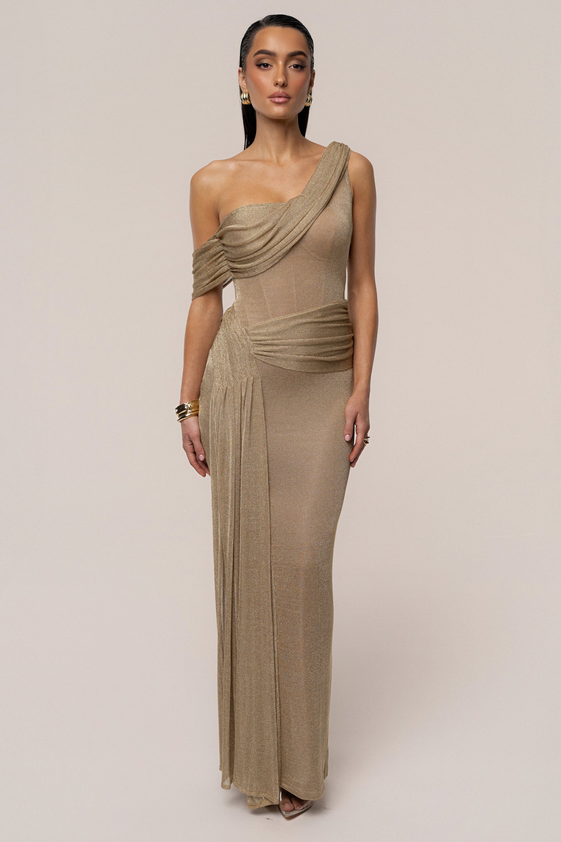Gold Draped Metallic Maxi Dress JLUXLABEL