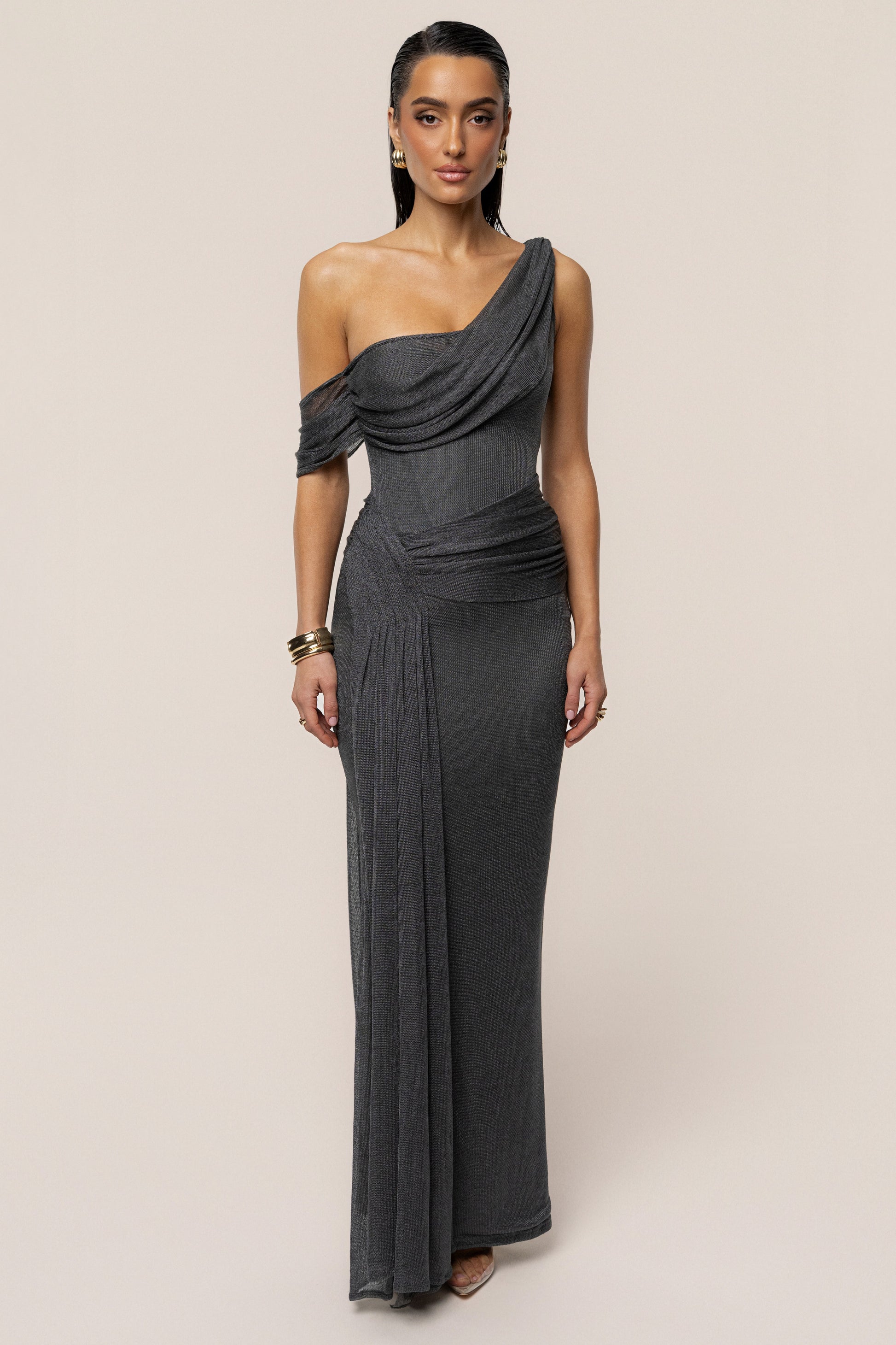 Gun Metal Draped Metallic Maxi Dress JLUXLABEL