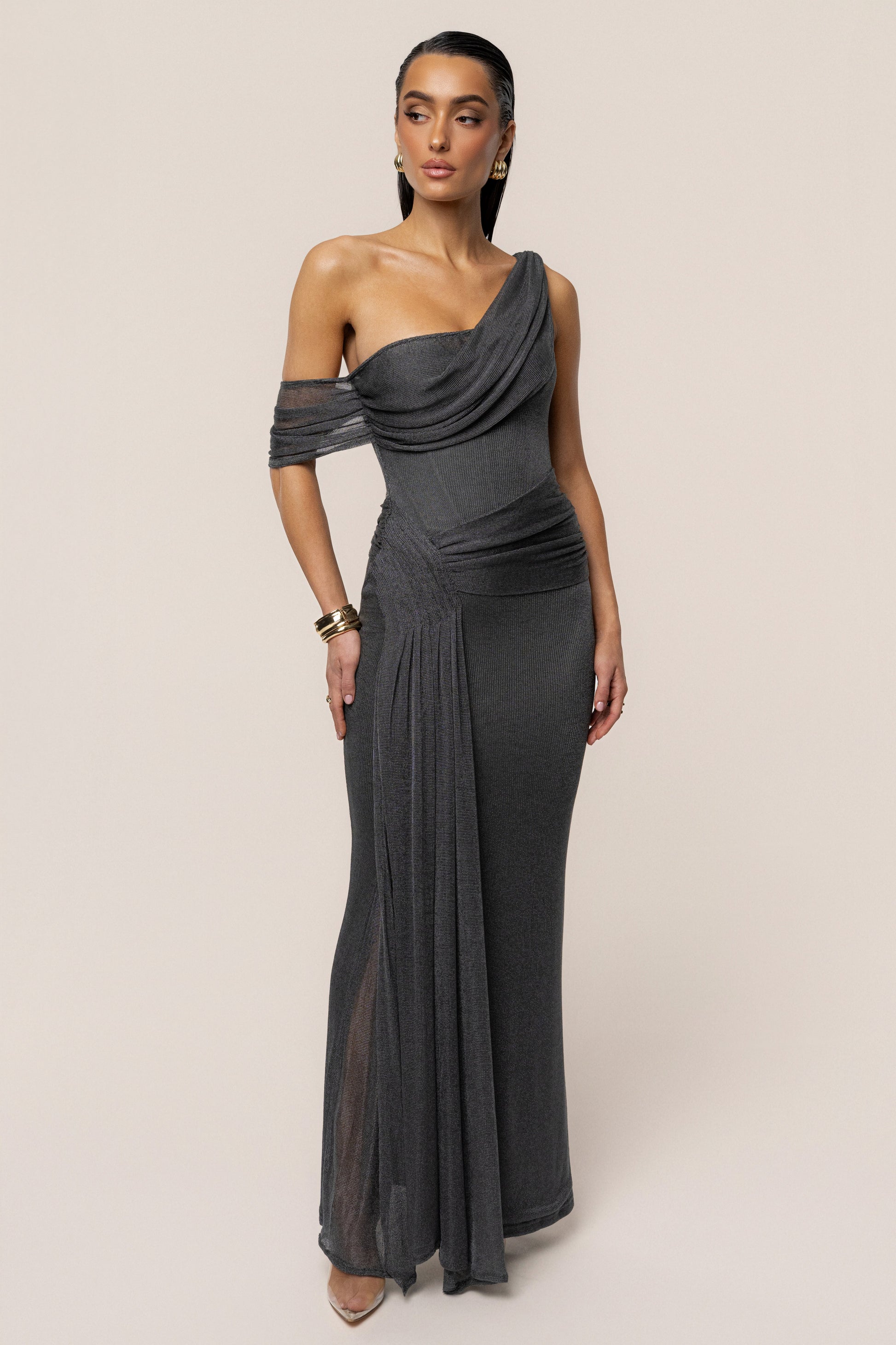 Gun Metal Draped Metallic Maxi Dress JLUXLABEL