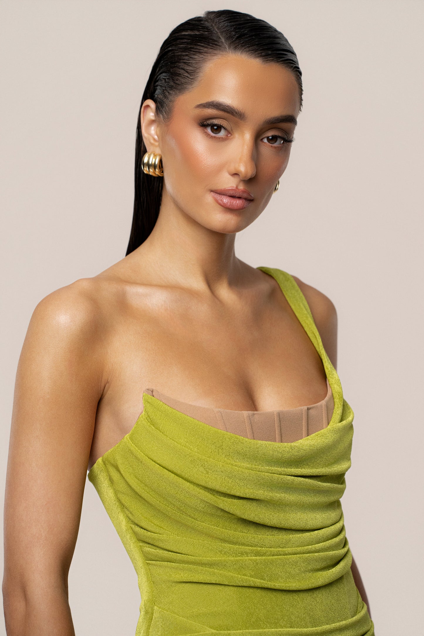 Lime Green Slinky Krishna One Shoulder Maxi Dress JLUXLABEL