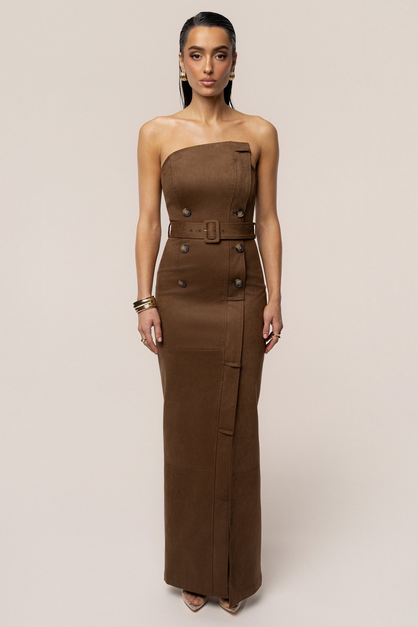 Chocolate Xena Suede Maxi Dress JLUXLABEL