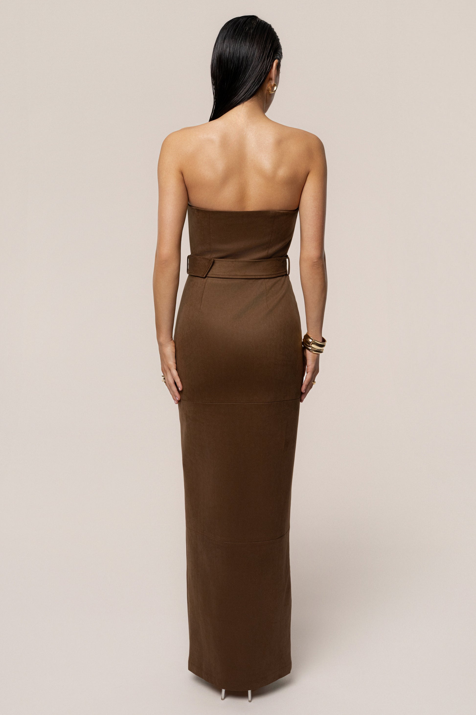 Chocolate Xena Suede Maxi Dress JLUXLABEL
