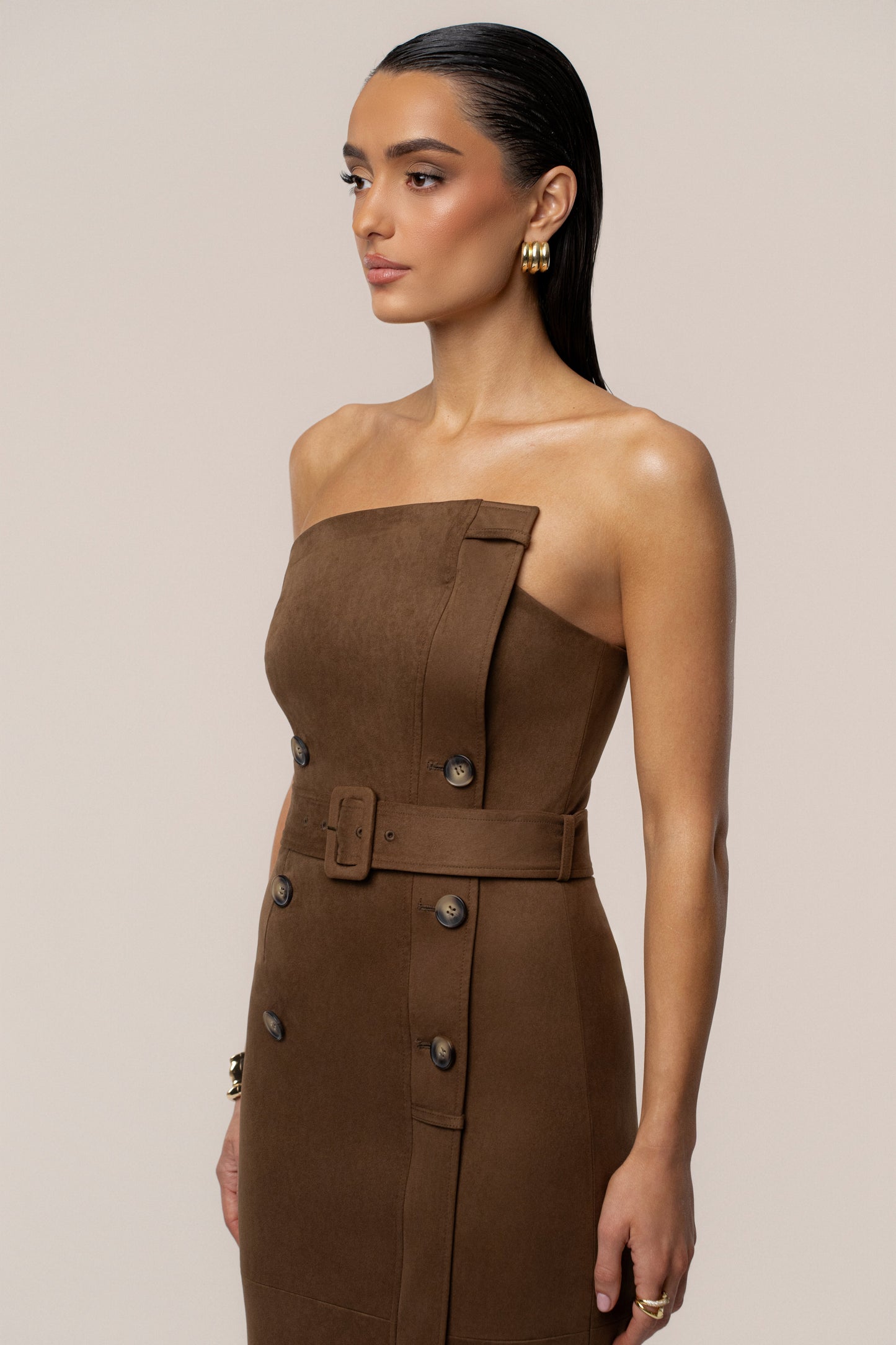 Chocolate Xena Suede Maxi Dress JLUXLABEL