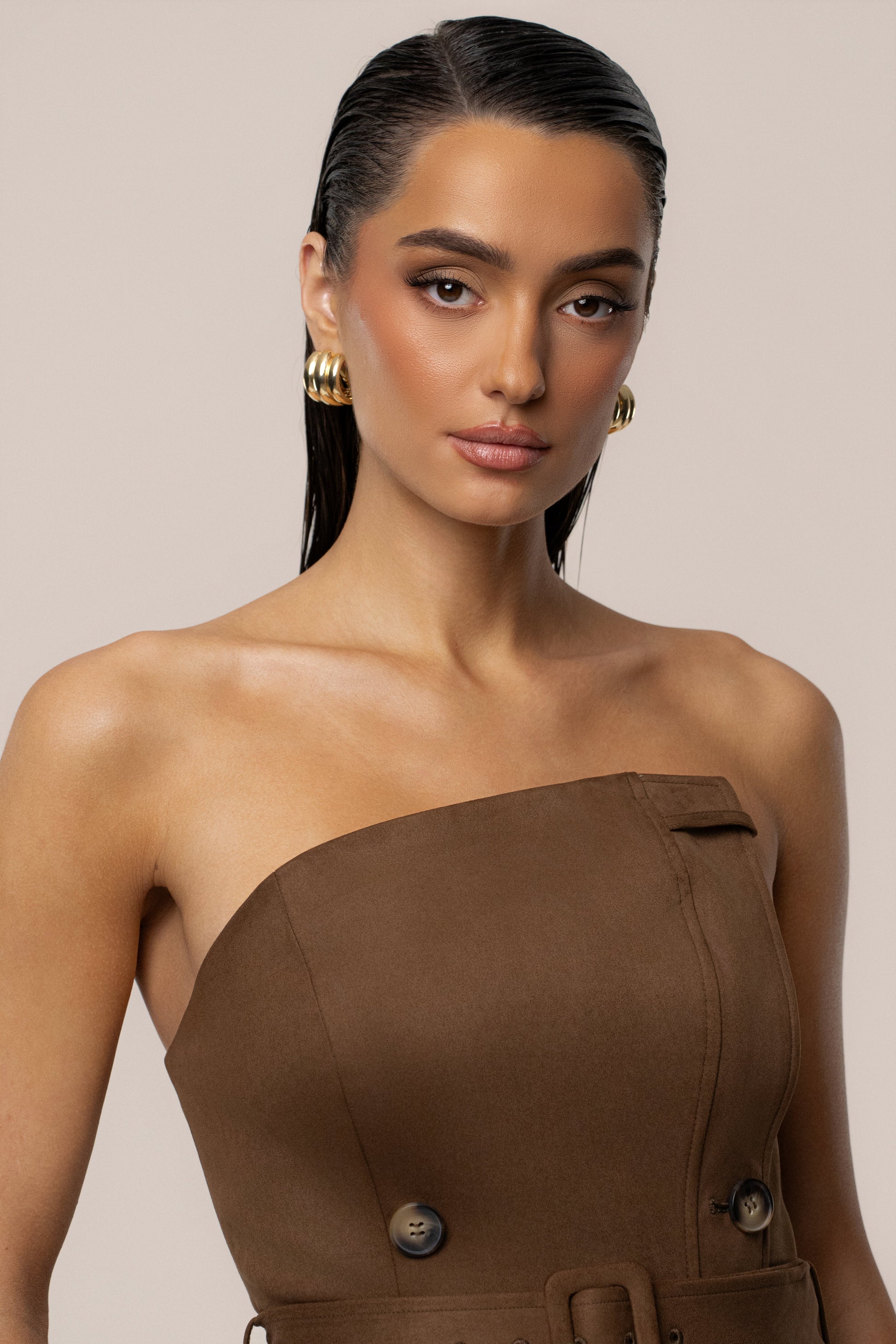 Chocolate Xena Suede Maxi Dress JLUXLABEL