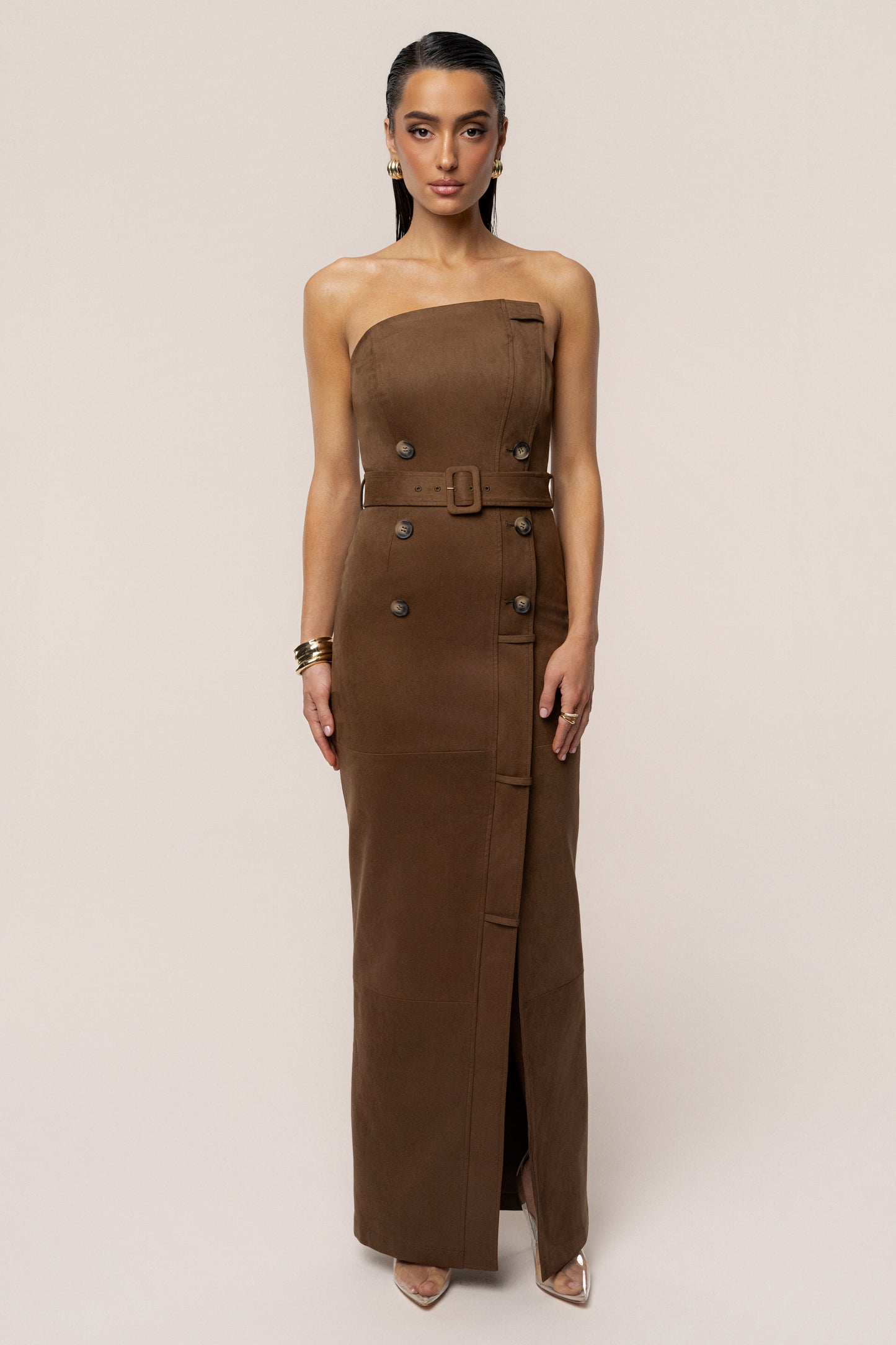 Chocolate Xena Suede Maxi Dress JLUXLABEL