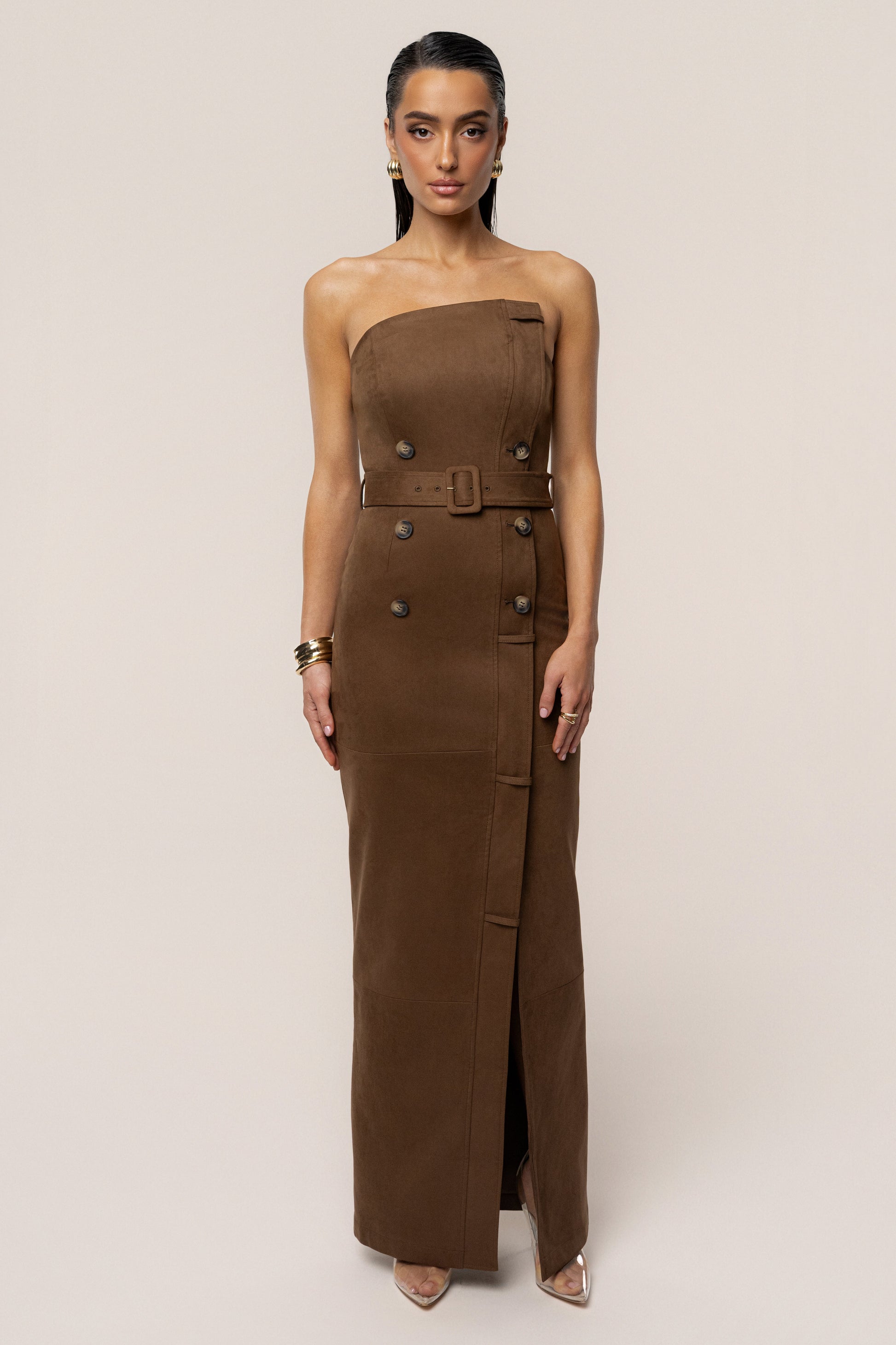 Chocolate Xena Suede Maxi Dress JLUXLABEL