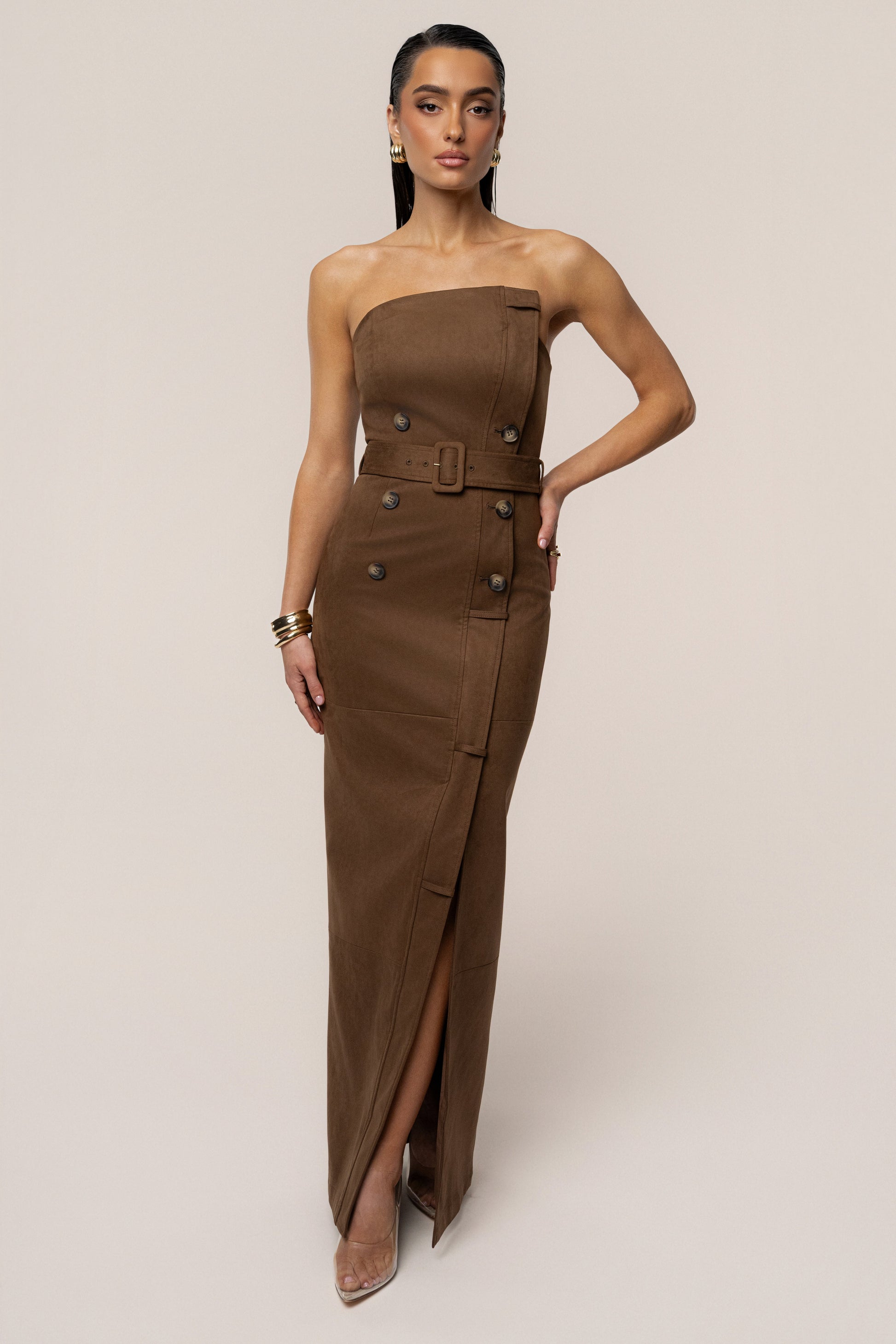 Chocolate Xena Suede Maxi Dress JLUXLABEL
